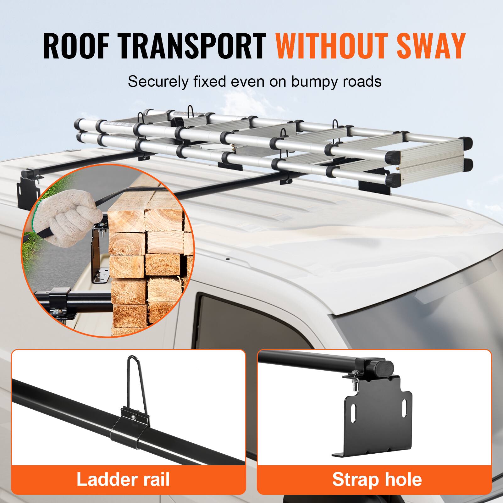 ROOF TRANSPORT WITHOUT SWAY  
Securely fixed even on bumpy roads  

Ladder rail  
Strap hole