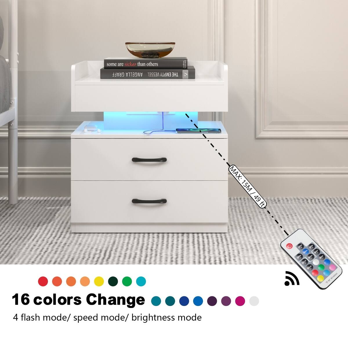 Loheer LED Nightstand, Two Drawer Bedside Table with Adjustable Remote ...