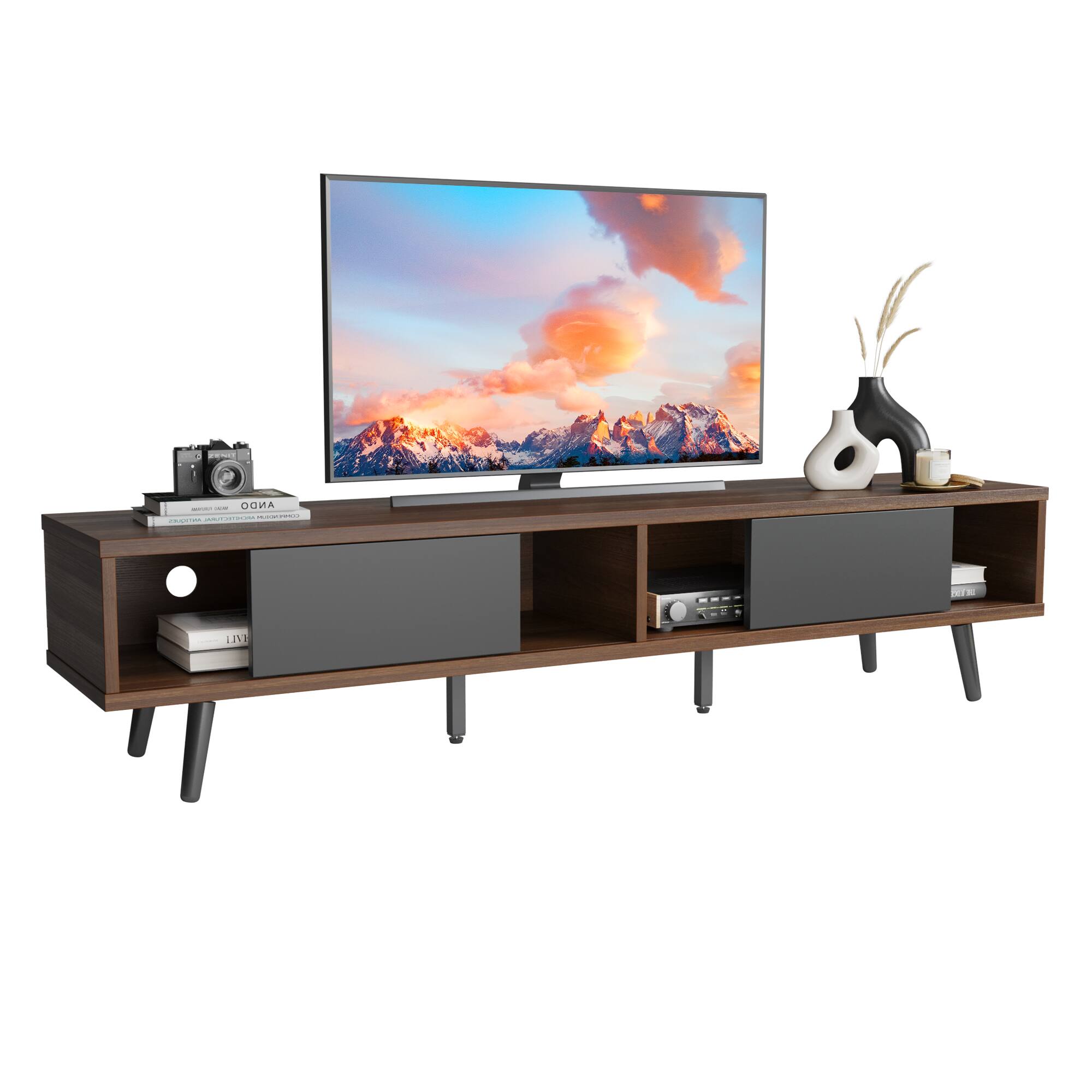 Bestier - 70" TV stand Mid-Century Modern Entertainment Center with Sliding Doors Designed for 80-Inch TVs for Living Room - Brown