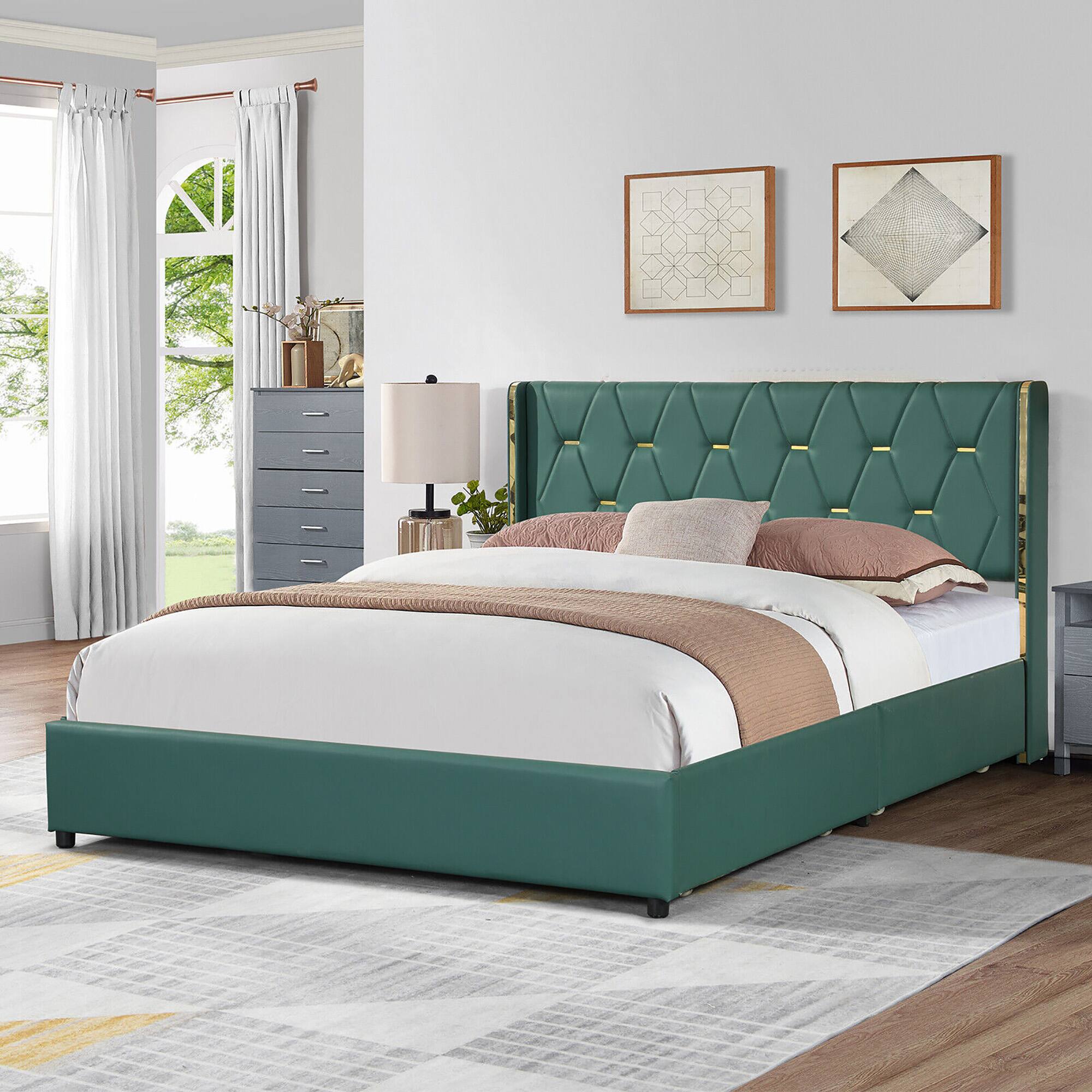 Alt View 3. Gymax - Gymax Full Upholstered Bed Frame with 4 Storage Drawers Headboard Green - Green.
