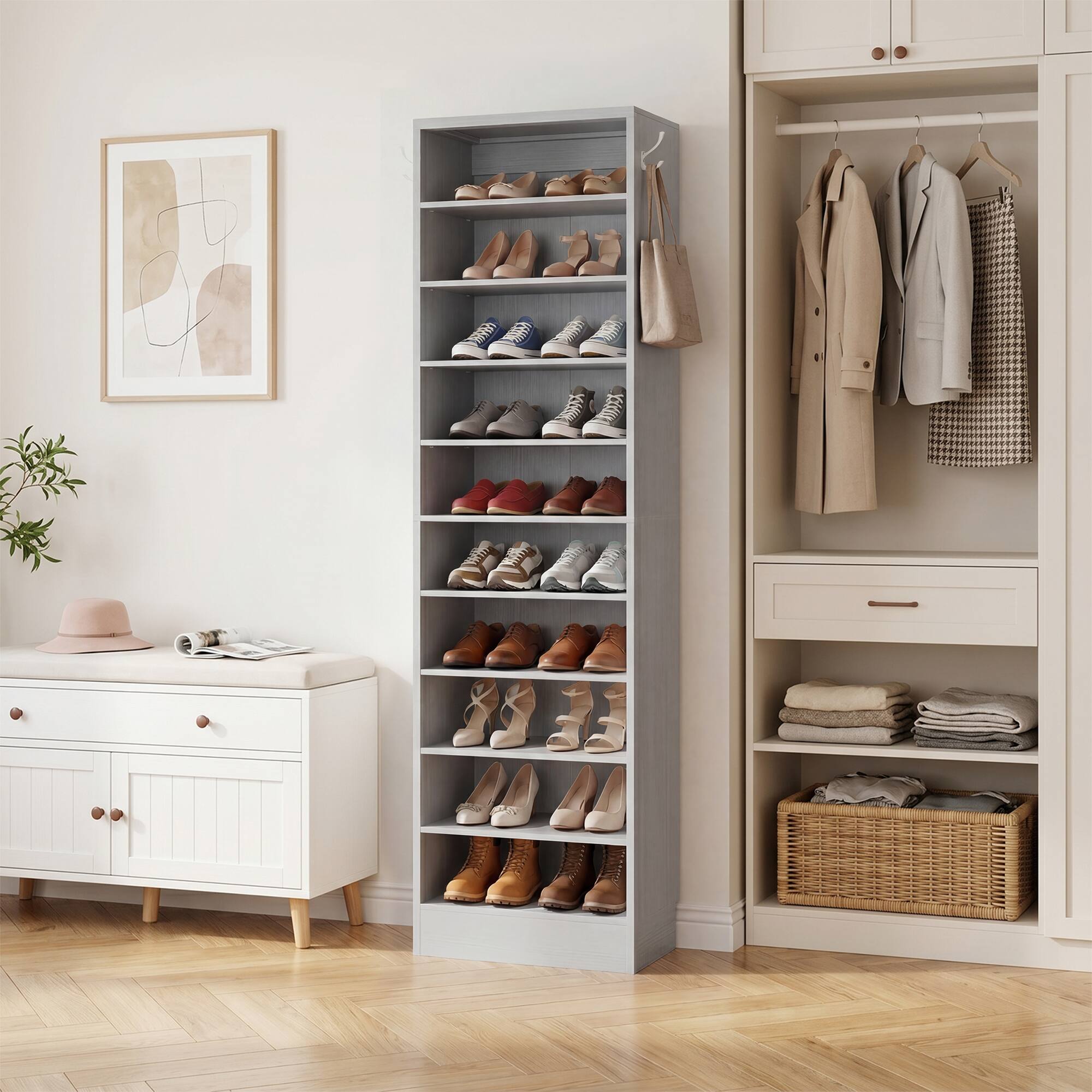 Alt View 2. Aheaplus - 79.5'' Tall 10-Tier Freestanding Wooden Shoe Rack Tower with 2 Hooks - Gray.