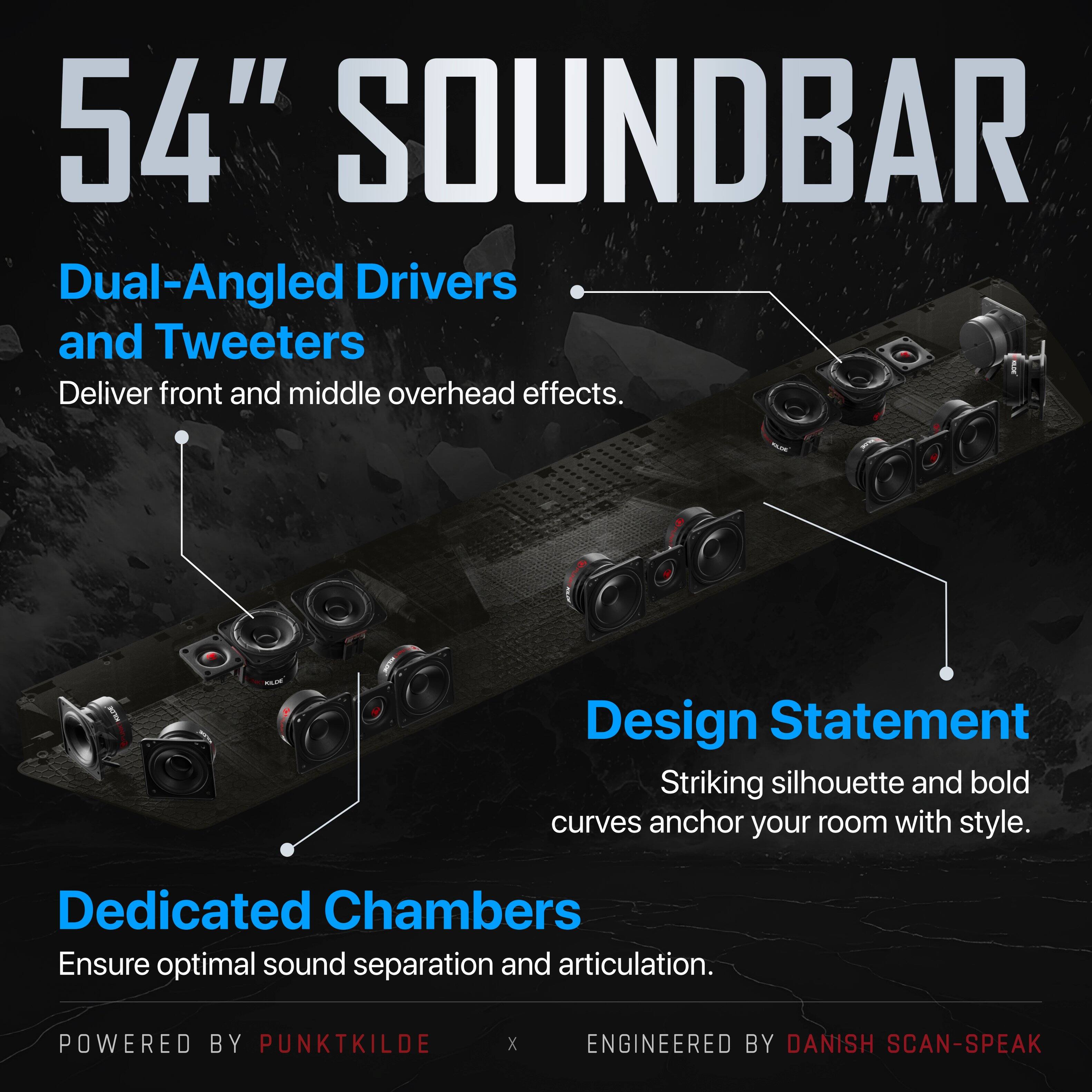 54" Soundbar

Dual-Angled Drivers and Tweeters  
Deliver front and middle overhead effects.

Design Statement  
Striking silhouette and bold curves anchor your room with style.

Dedicated Chambers  
Ensure optimal sound separation and articulation.

Powered by PunktKilde  
Engineered by Danish Scan-Speak