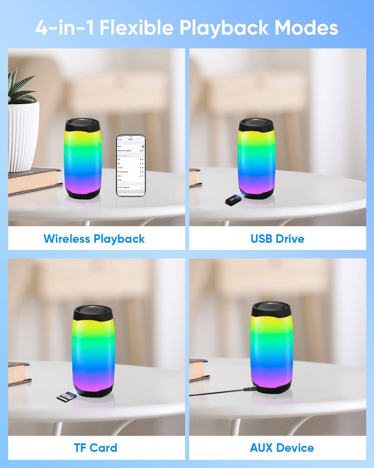 4-in-1 Flexible Playback Modes

- Wireless Playback
- USB Drive
- TF Card
- AUX Device