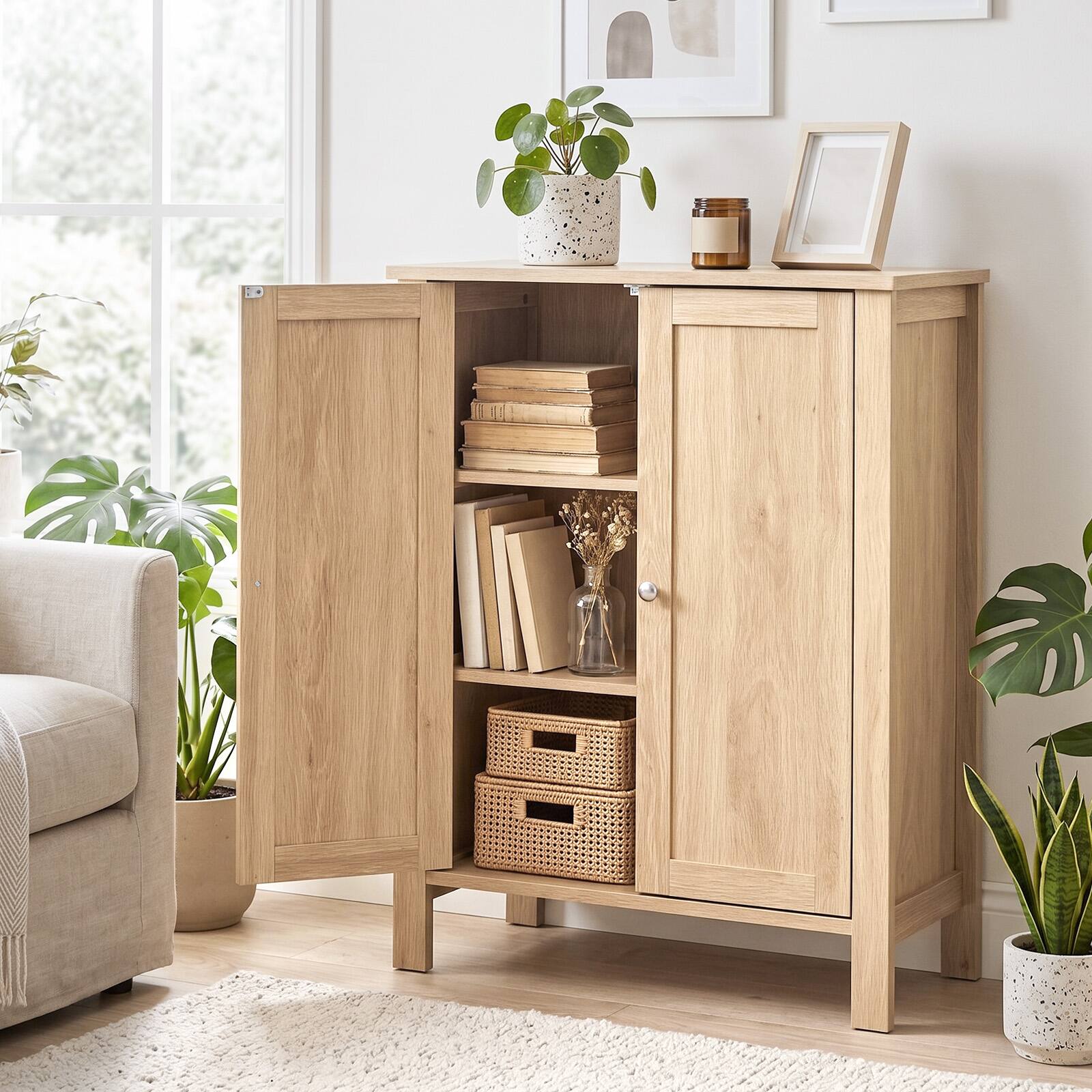 Alt View 10. Winado - Wooden Storage Floor Cabinet Freestanding Cabinet with 3 Shelves Rack Organizer for Bathroom Kitchen Pantry - Natural.