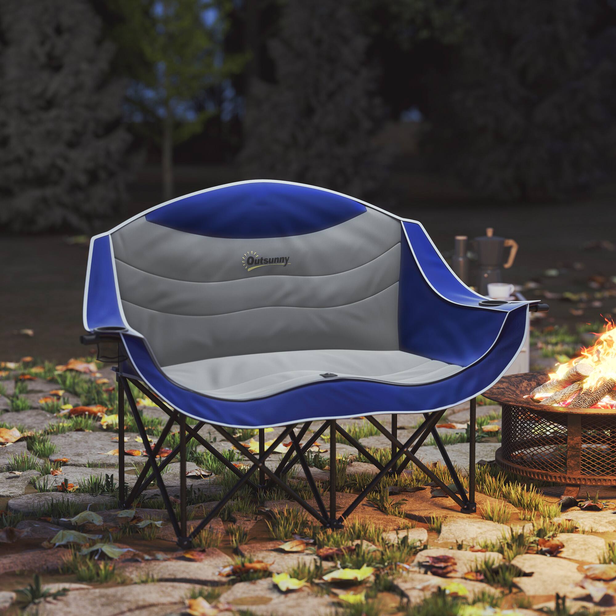 Alt View 1. Outsunny - Folding Camp Chair for Adults, Double Camping Chair with Armrests, Cup Holders - Blue.