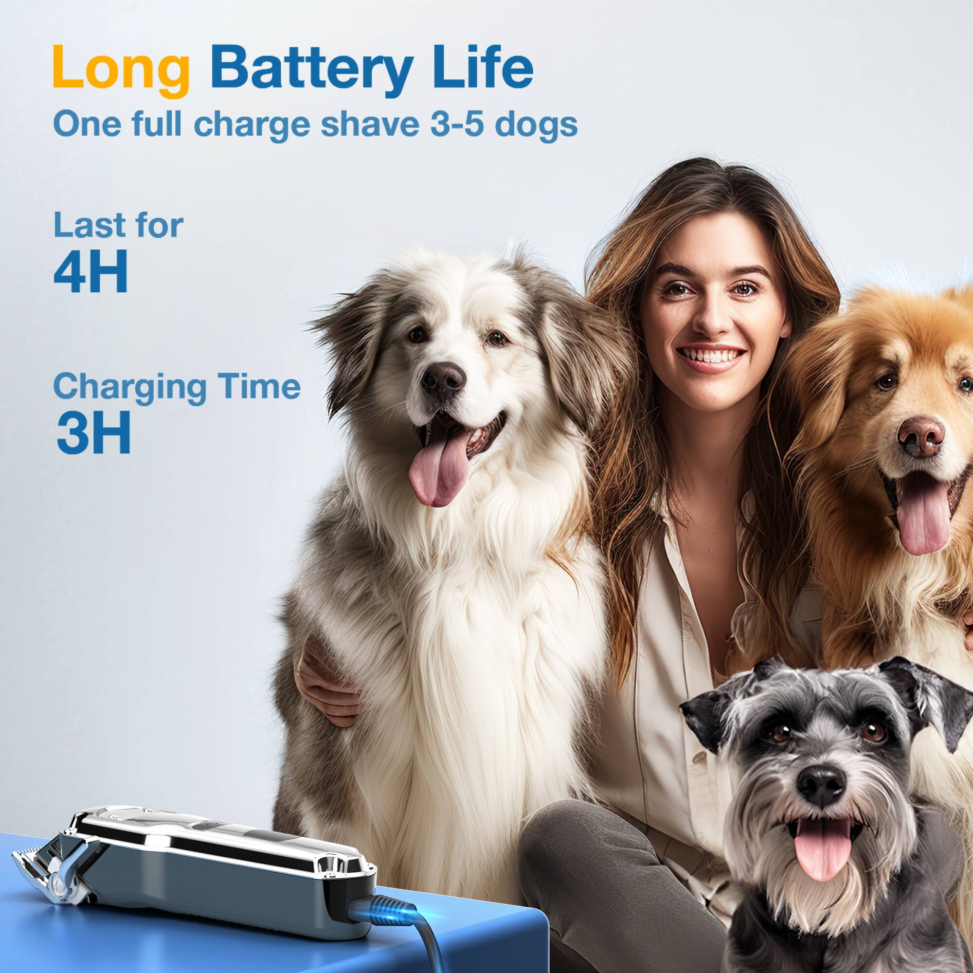 Long Battery Life  
One full charge shave 3-5 dogs  
Last for 4H  
Charging Time 3H