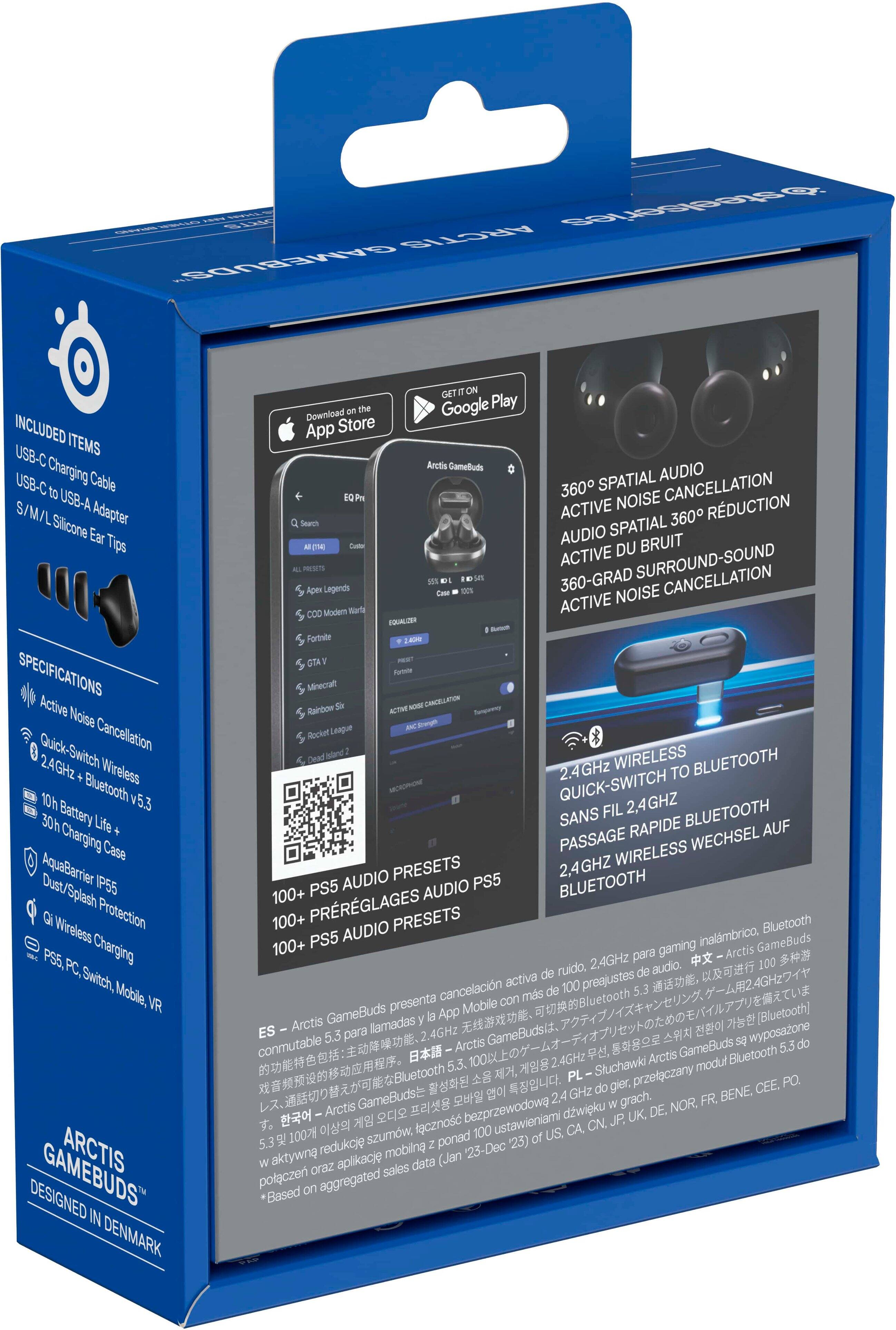 The box contains a pair of Arctis gamebuds, which are designed in Denmark. The gamebuds feature spatial audio, 580 noise cancellation, and active 360-degree noise reduction. They also have a quick-switch Bluetooth feature, allowing users to easily switch between presets. The gamebuds are compatible with both PS5 and Xbox Series X, and come with a 24-hour battery life. Additionally, they have a 100+ presets and 100+ audio presets for customization. The box also includes a USB-C cable for charging and a carrying case for easy transportation.