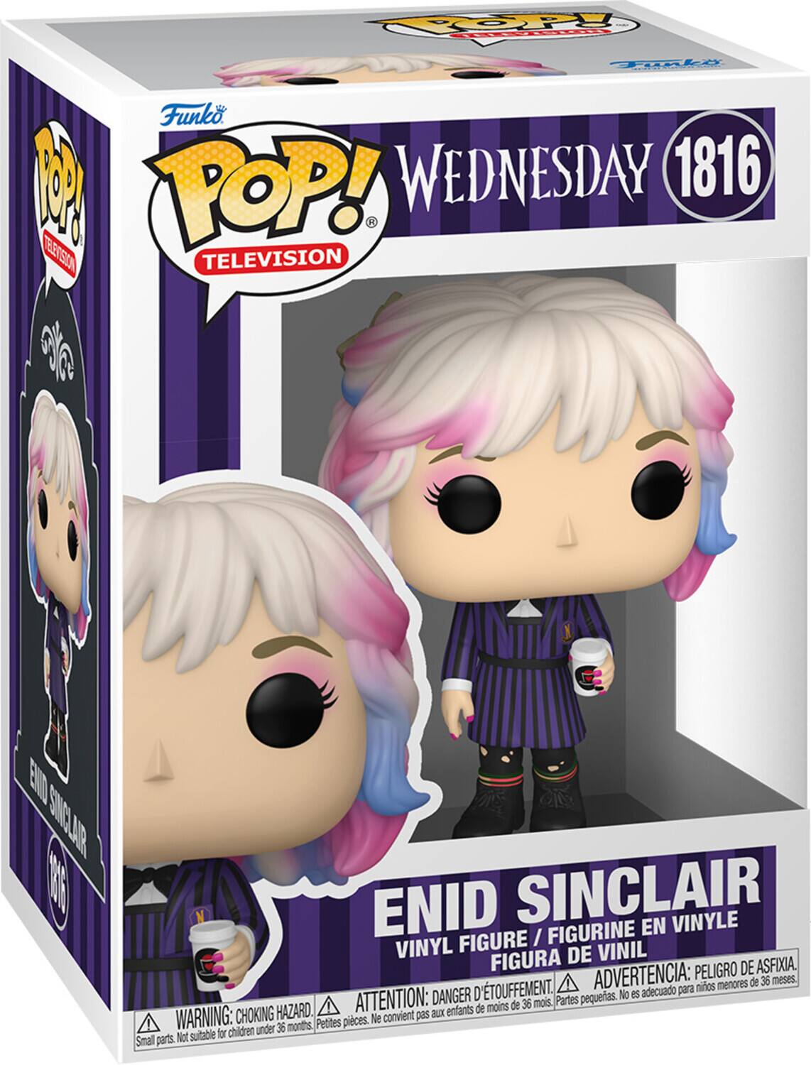 **Front:**
- Funko POP! TELEVISION
- WEDNESDAY 1816
- ENID SINCLAIR
- VINYL FIGURE / FIGURINE EN VINYLE / FIGURA DE VINIL

**Side:**
- ENID SINCLAIR
- WARNING: CHOKING HAZARD. Small parts. Not suitable for children under 36 months.
- ATTENTION: DANGER D'ÉTOUFFEMENT. Petites pièces. Ne convient pas aux enfants de moins de 36 mois.
- ADVERTENCIA: PEORO DE ASFIXIA. Partes pequeñas. No es adecuado para niños menores de 36 meses.

**Bottom:**
- ENID SINCLAIR
- VINYL FIGURE / FIGURINE EN VINYLE / FIGURA DE VINIL
- WARNING: CHOKING HAZARD. Small parts. Not suitable for children under 36 months.
- ATTENTION: DANGER D'ÉTOUFFEMENT. Petites pièces. Ne convient pas aux enfants de moins de 36 mois.
- ADVERTENCIA: PEORO DE ASFIXIA. Partes pequeñas. No es adec