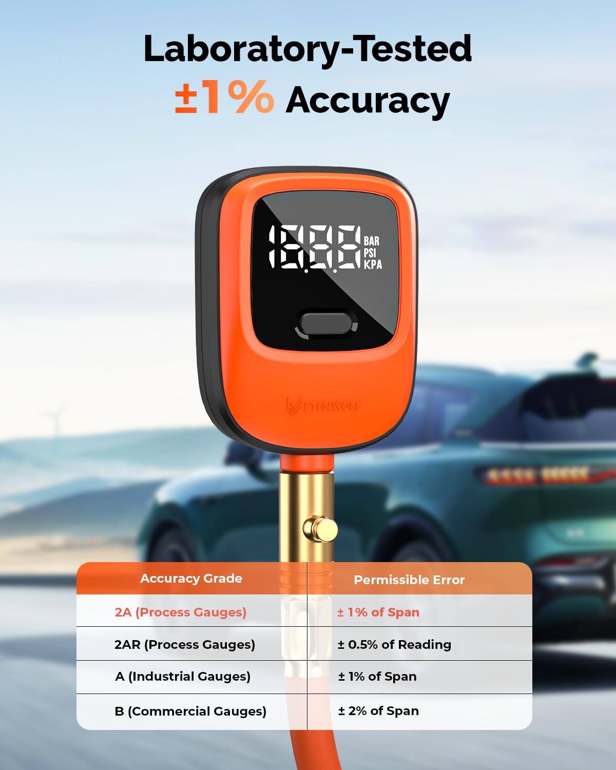 Laboratory-Tested +1% Accuracy

Accuracy Grade | Permissible Error
--- | ---
2A (Process Gauges) | ±1% of Span
2AR (Process Gauges) | ±0.5% of Reading
A (Industrial Gauges) | ±1% of Span
B (Commercial Gauges) | ±2% of Span