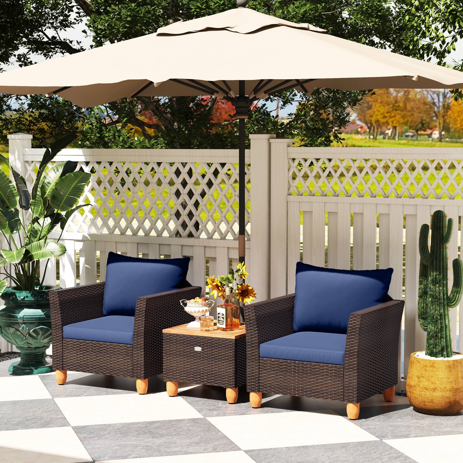 Alt View 4. Gymax - Gymax 3 PCS Patio PE Wicker Furniture Set Outdoor Conversation Bistro Set w/ Cushions Navy - Navy.