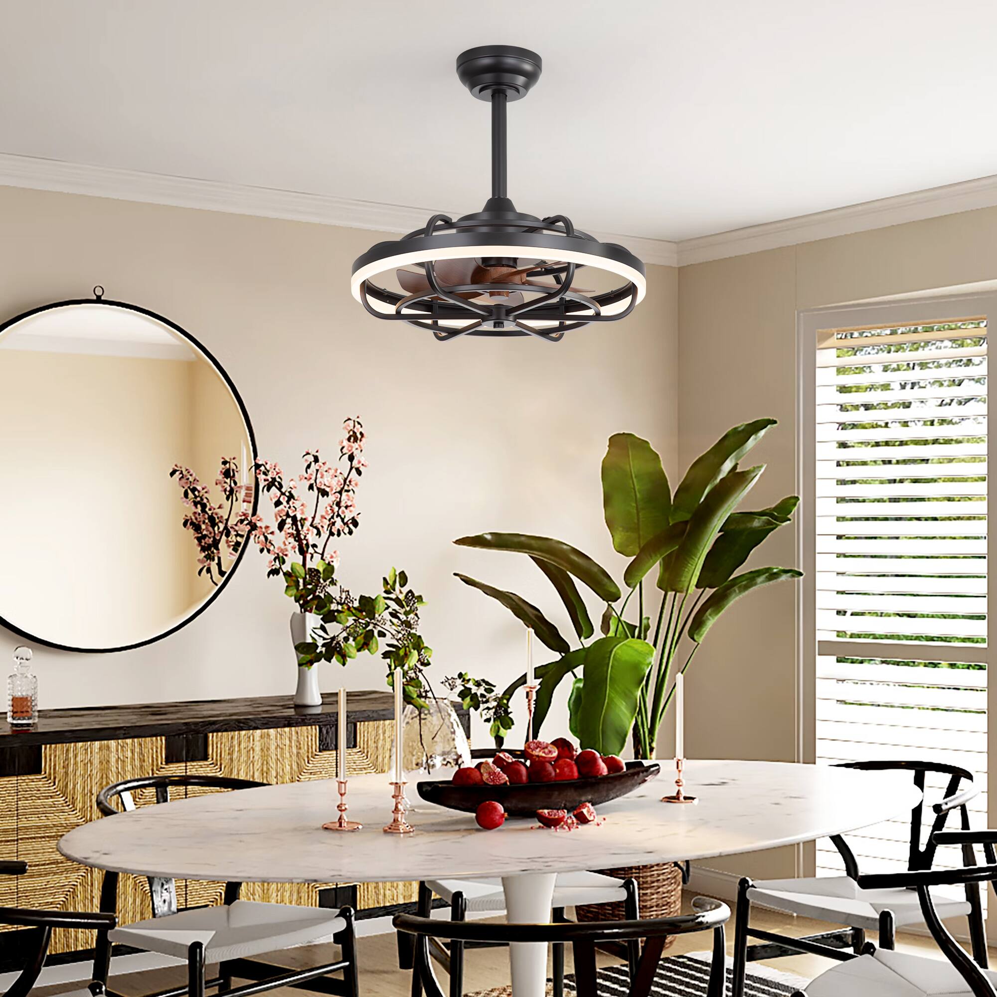 Back. Breezary - 19.7" Indoor Cage Ceiling Fan with 3-Color Light, 5 ABS Blades, DC Motor, 6''/10'' Downrods & Memory Function - Matte Black.