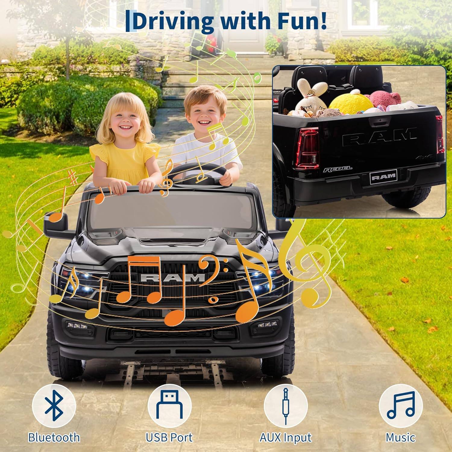 Driving with Fun!  
RAM 100  
RAM  
Bluetooth  
USB Port  
AUX Input  
Music