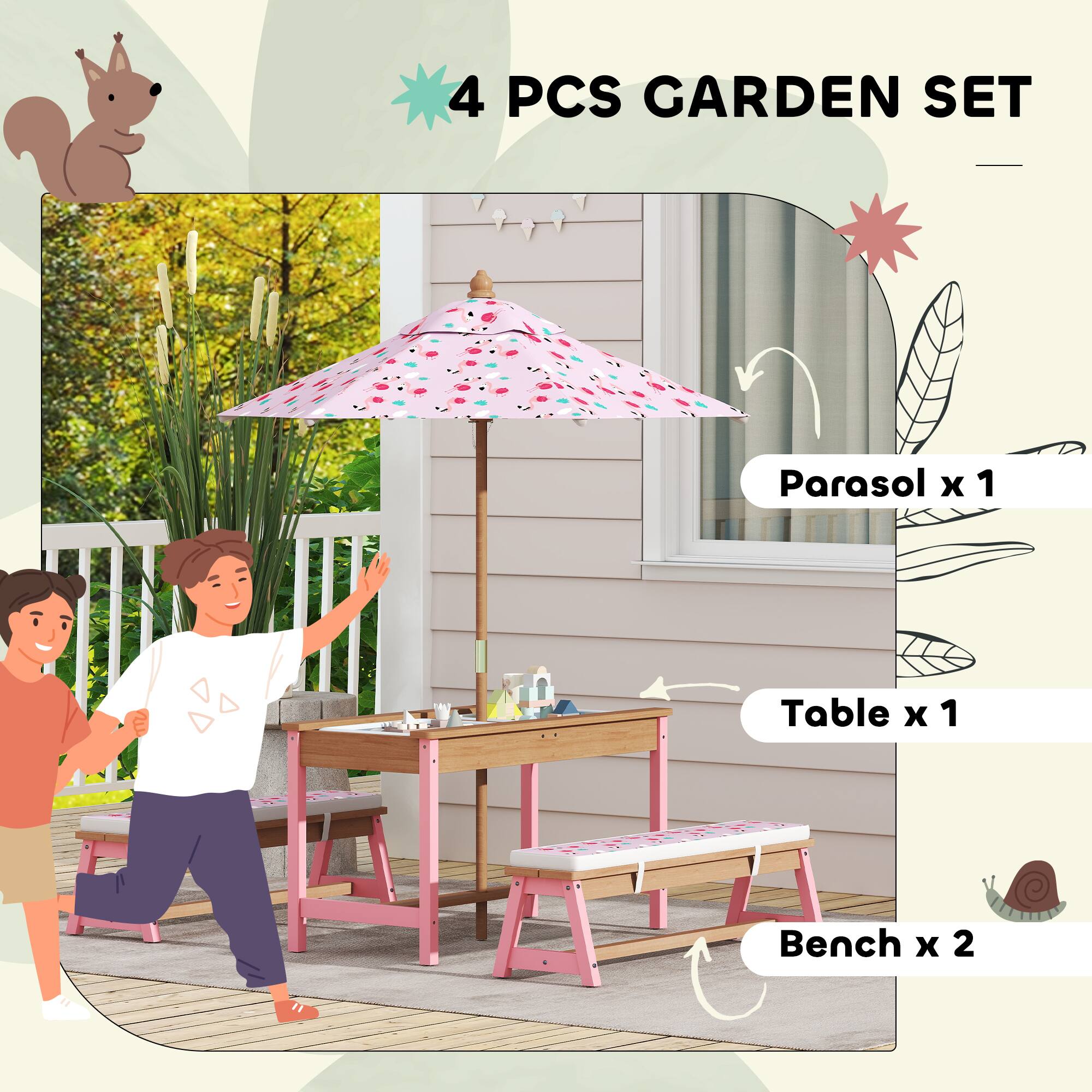 4 PCS GARDEN SET  
Parasol x 1  
Table x 1  
Bench x 2