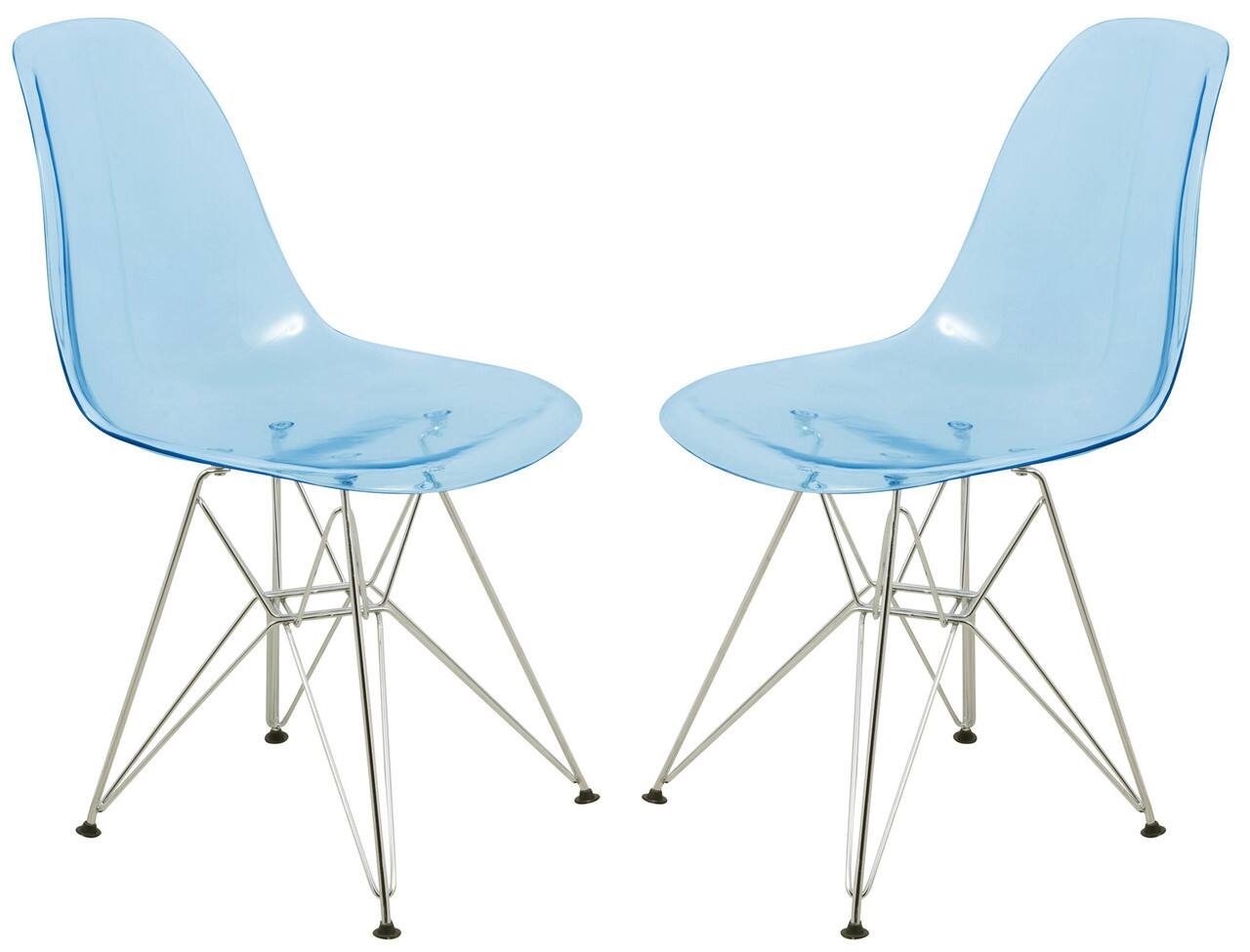 LeisureMod - Cresco 2-Pieces Acrylic Dining Chair with Ergonomic Curved Back and Floor Protectors - Transparent Blue