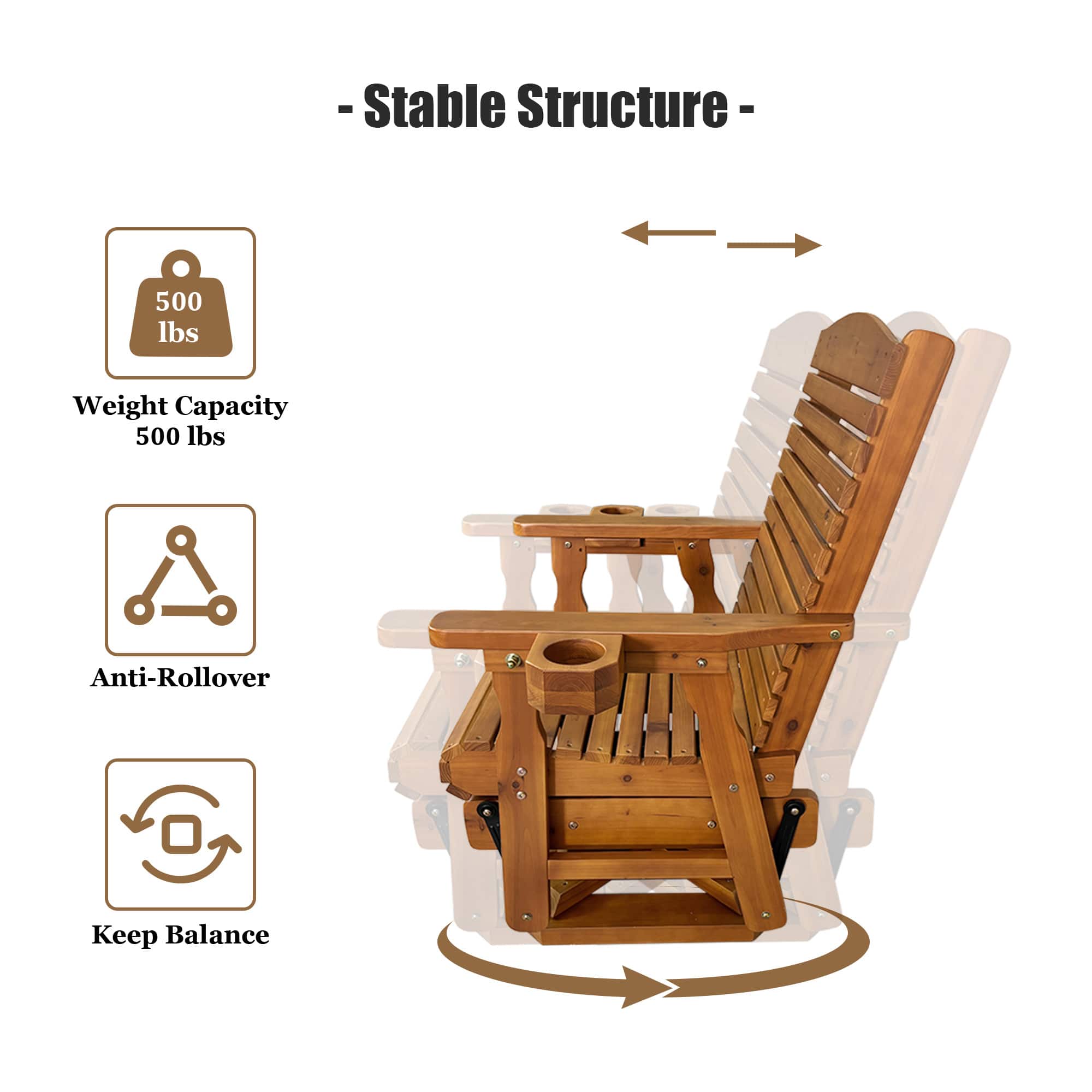 Fortune Candy Wooden Swivel Glider Chair, 360° Patio Rocker, Solid