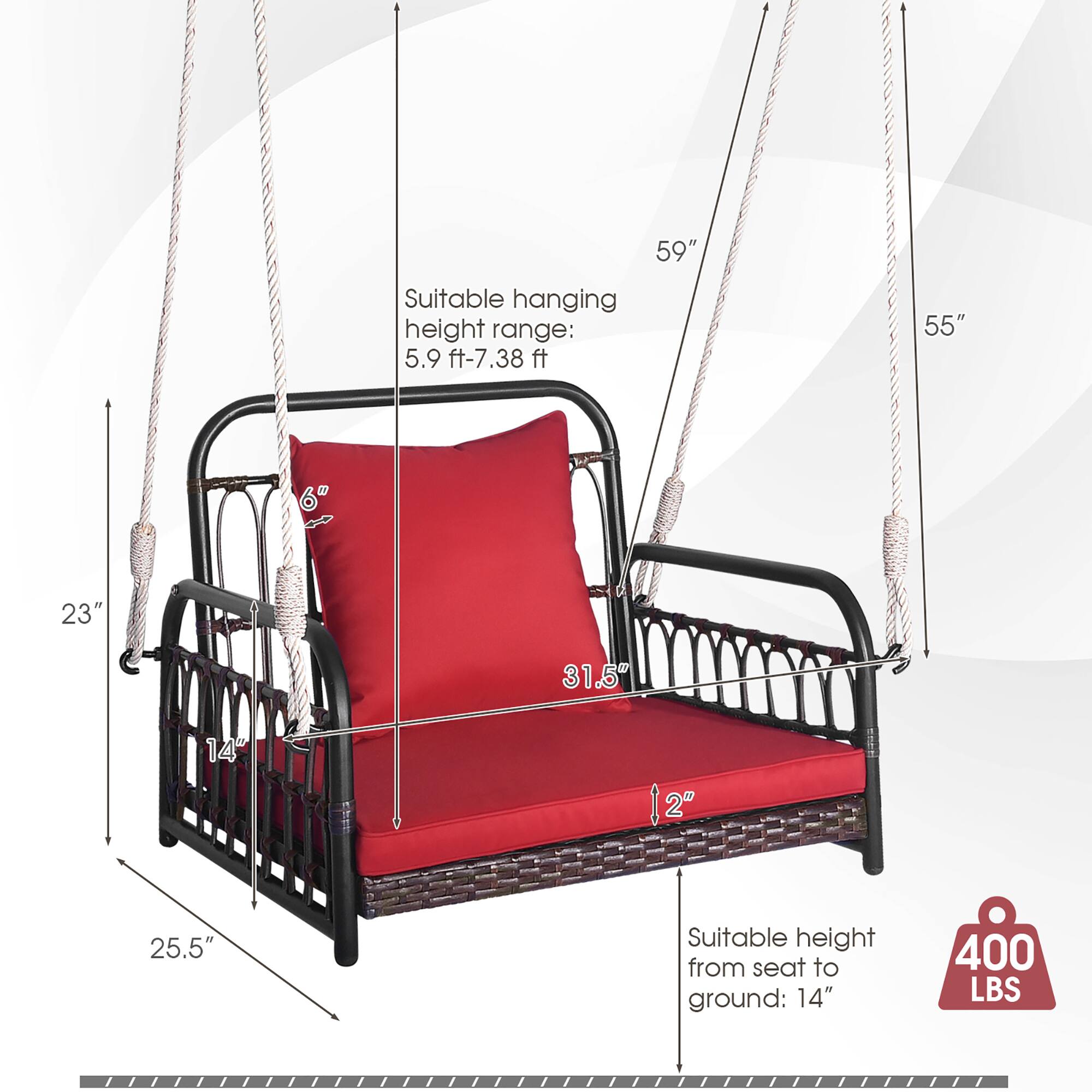 Alt View 2. Gymax - Gymax Single Person Hanging Swing Outdoor Hanging Seat w/ Back Cushion & Seat Cushion - Red.