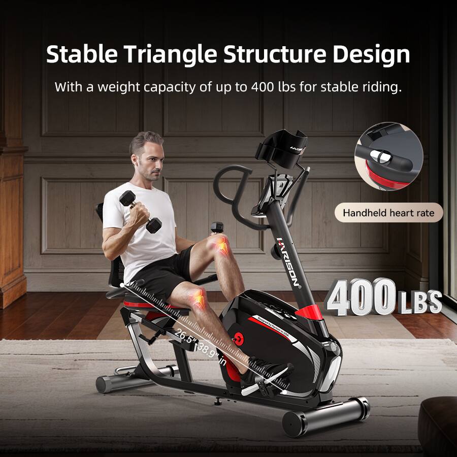 Stable Triangle Structure Design  
With a weight capacity of up to 400 lbs for stable riding.  

- Handheld heart rate  
- 26.5"  
- 38.9"  

400 LBS