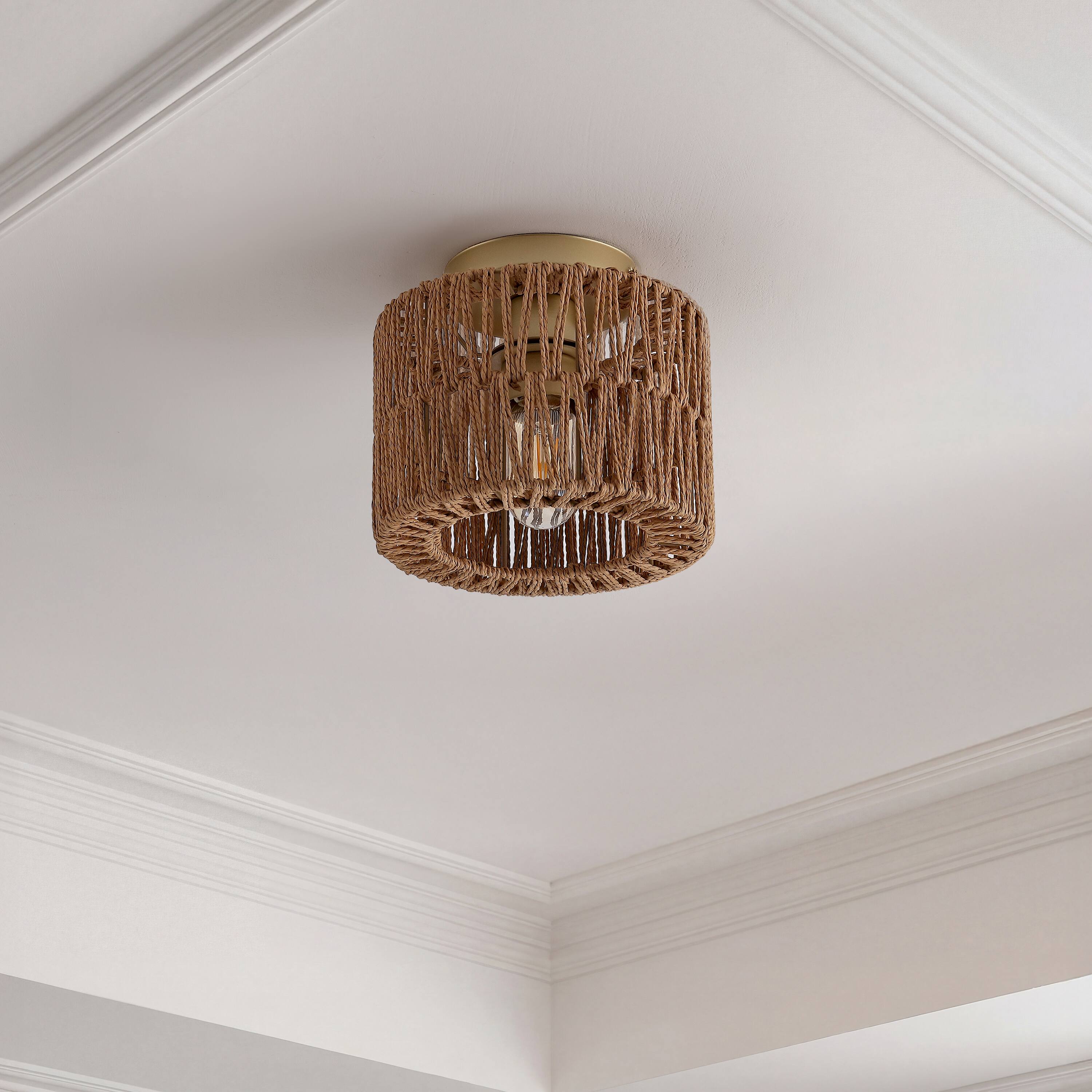 Alt View 9. Jonathan Y - Omar Set of 2 Modern 8" Gold Painting Metal Flush Mount with Brown Paper Cylinder Crossed Weave Shade, for Bedroom - Brown.