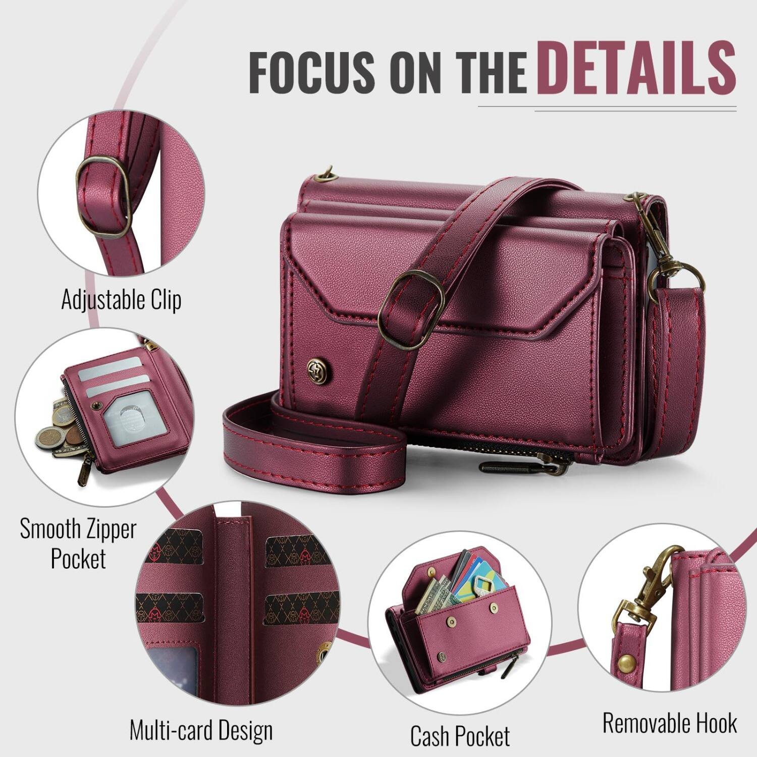 FOCUS ON THE DETAILS

- Adjustable Clip
- Smooth Zipper Pocket
- Multi-card Design
- Cash Pocket
- Removable Hook