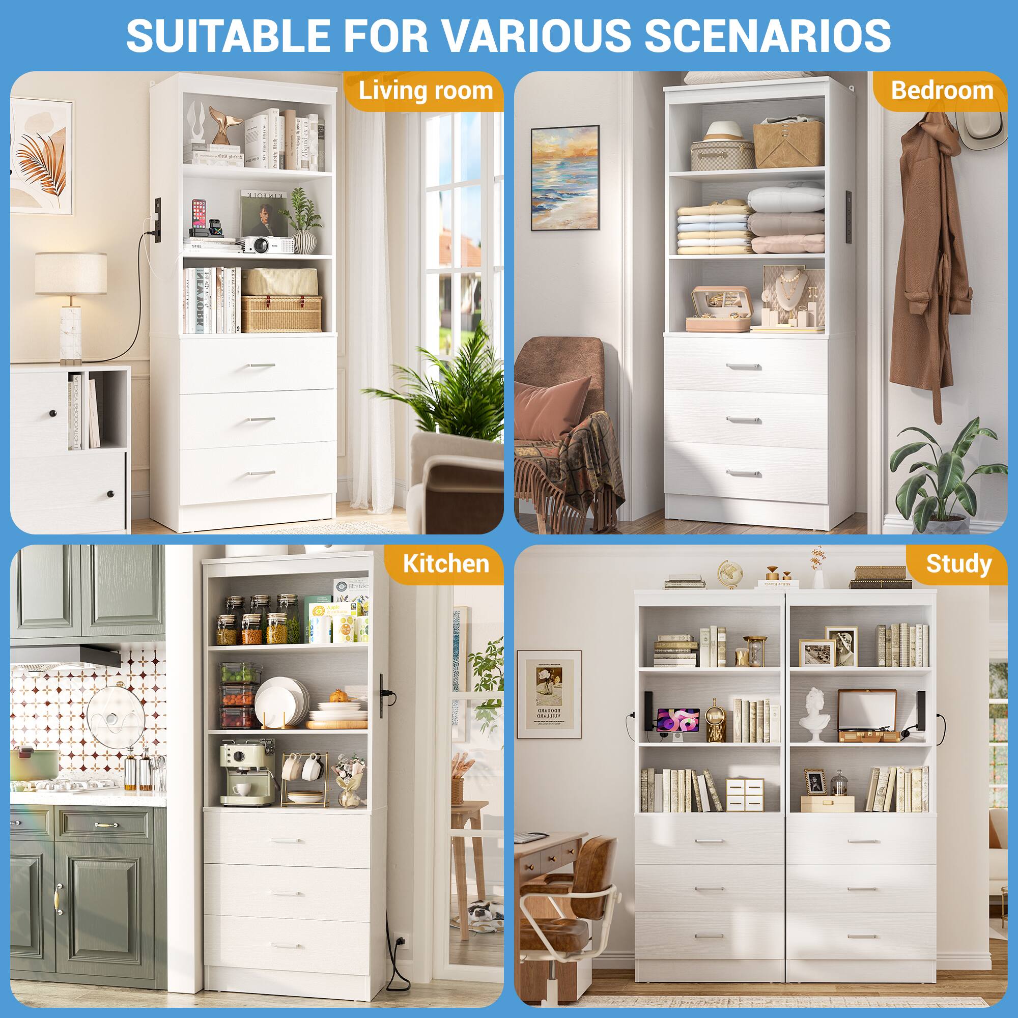 SUITABLE FOR VARIOUS SCENARIOS

- Living room
- Bedroom
- Kitchen
- Study
