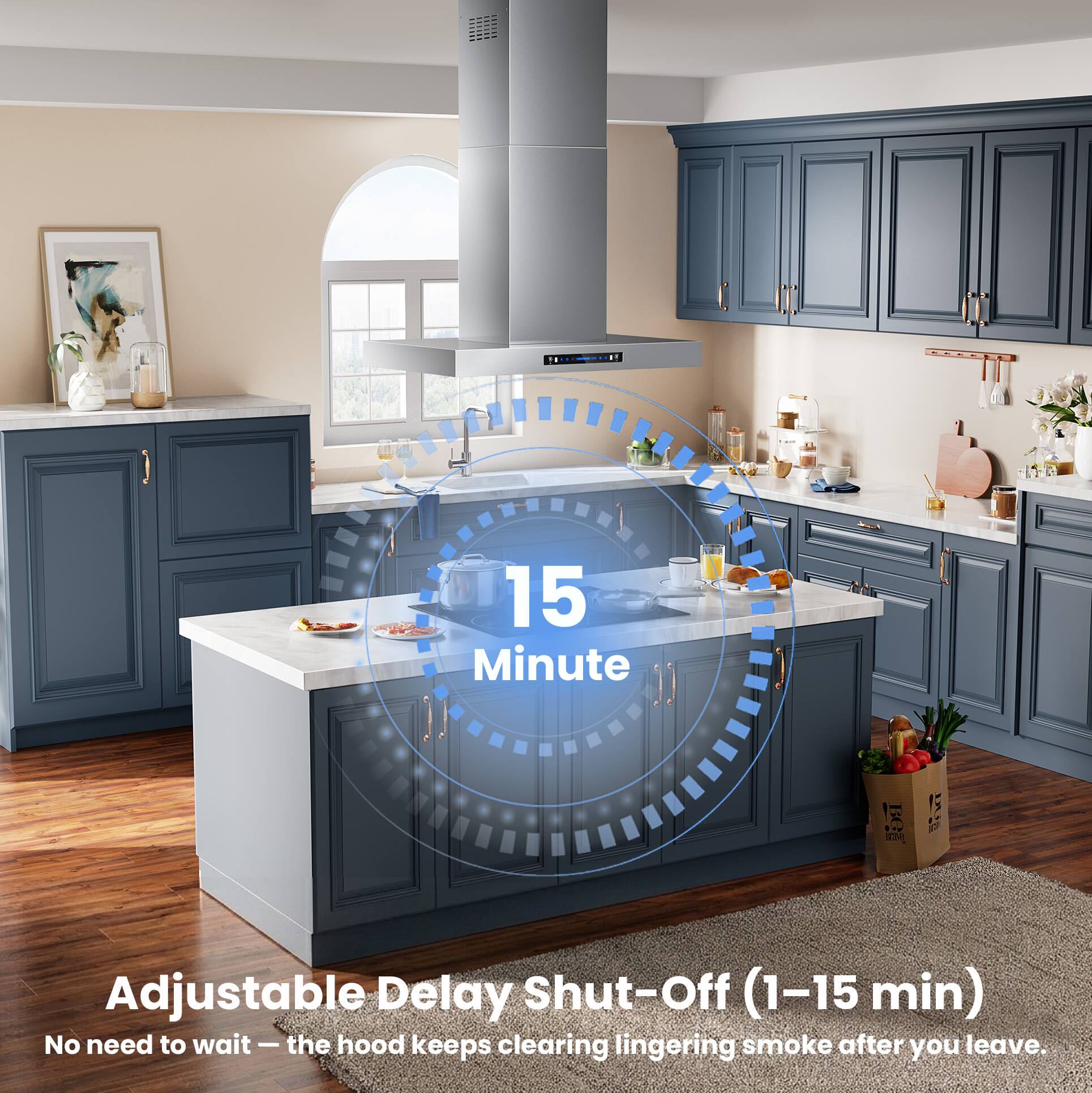 15 Minute

Adjustable Delay Shut-Off (1-15 min) No need to wait - the hood keeps clearing lingering smoke after you leave.