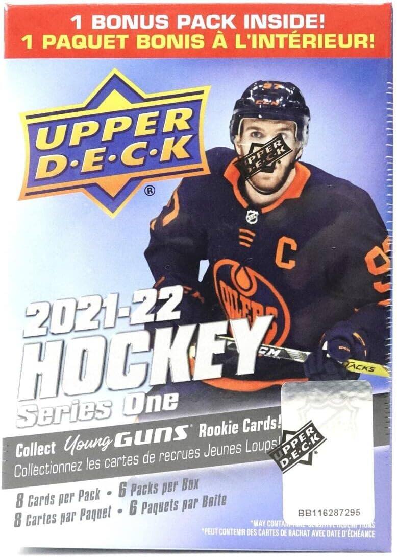 1 BONUS PACK INSIDE!  
1 PAQUET BONIS À L'INTÉRIEUR!  

UPPER D.E.C.K  

2021-22 HOCKEY  
Series One  

Collect Young Guns Rookie Cards!  
Collectionnez les cartes de recrues Jeunes Loups!  

8 Cards per Pack - 6 Packs per Box  
8 Cartes par Paquet - 6 Paquets par Boîte  

BB116287295  

*MAY CONTAIN REDEMPTION CARDS WITH EXPIRATION DATE  
*PEUT CONTENIR DES CARTES DE RACHAT AVEC DATE D'ÉCHEANCE