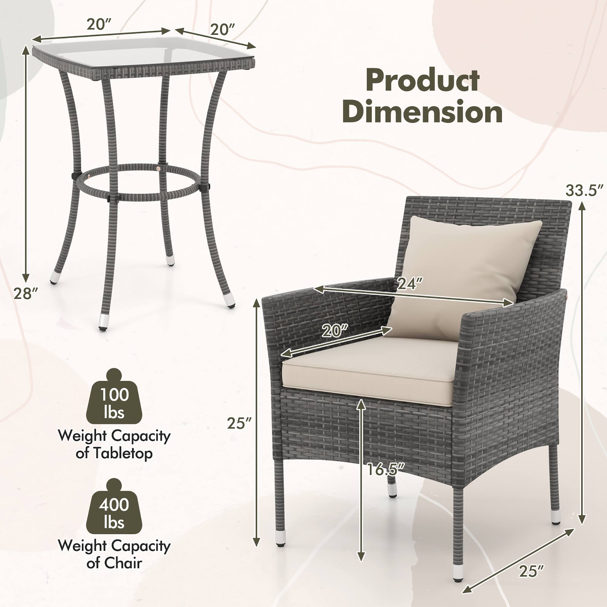 Product Dimension

- Tabletop:
  - Diameter: 20"
  - Height: 28"
  - Weight Capacity: 100 lbs

- Chair:
  - Height: 33.5"
  - Width: 24"
  - Depth: 20"
  - Seat Height: 16.5"
  - Armrest Height: 25"
  - Weight Capacity: 400 lbs