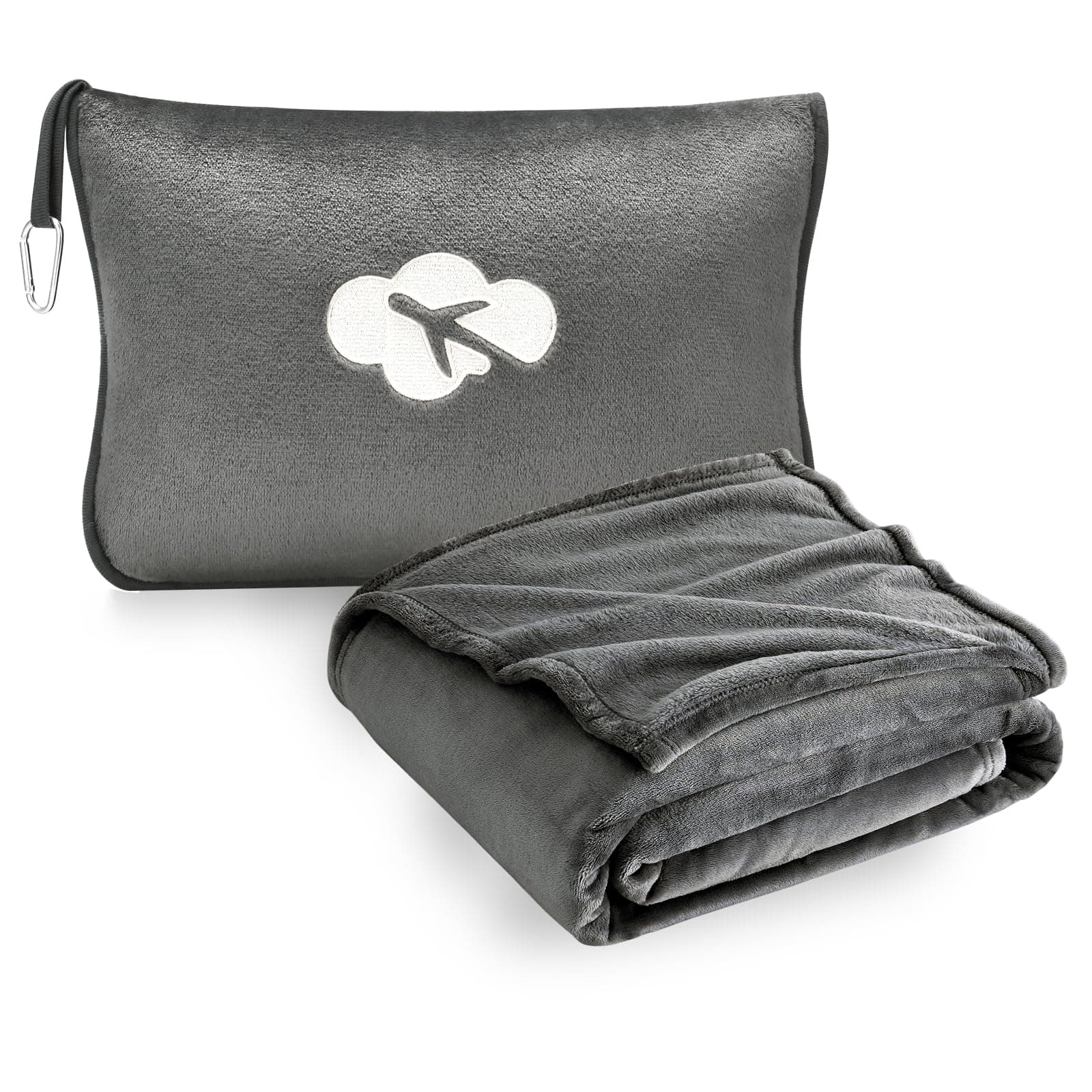 Fabibe - Travel Blanket And Pillow Compact Soft 2 In 1 Airplane With Bag Pillowcase,hand Luggage Sleeve Backpack Clip - Solid Grey