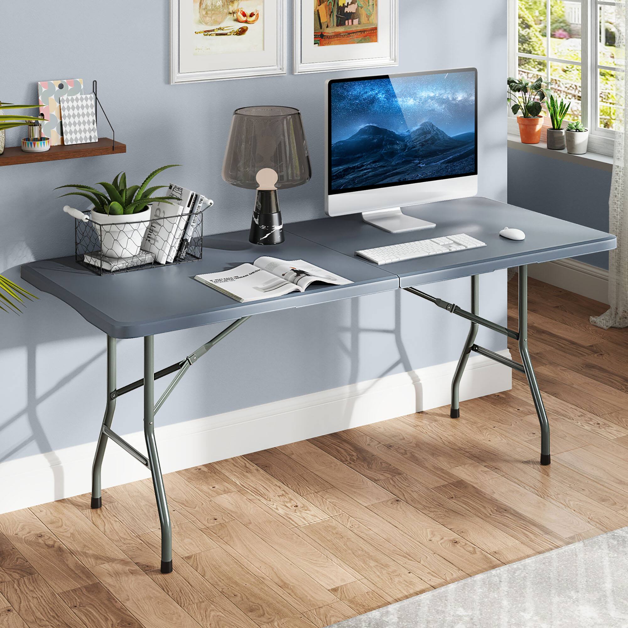 Alt View 1. Gymax - Gymax 6 ft Portable Folding Table w/HDPE Tabletop Safe Lock Mechanism Carrying Handle Gray - Gray.