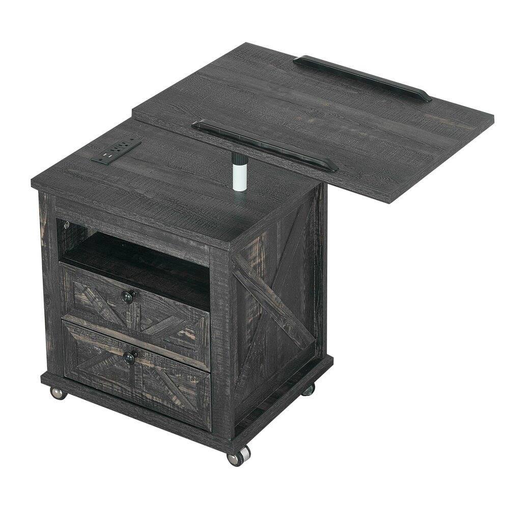 Back. Kadyn - Kadyn Lift Top Desk Cart, Mobile Rolling Table, Wood Storage Cabinet with Drawers, Height Utility Cart, Dark Wood Grain - Gray.