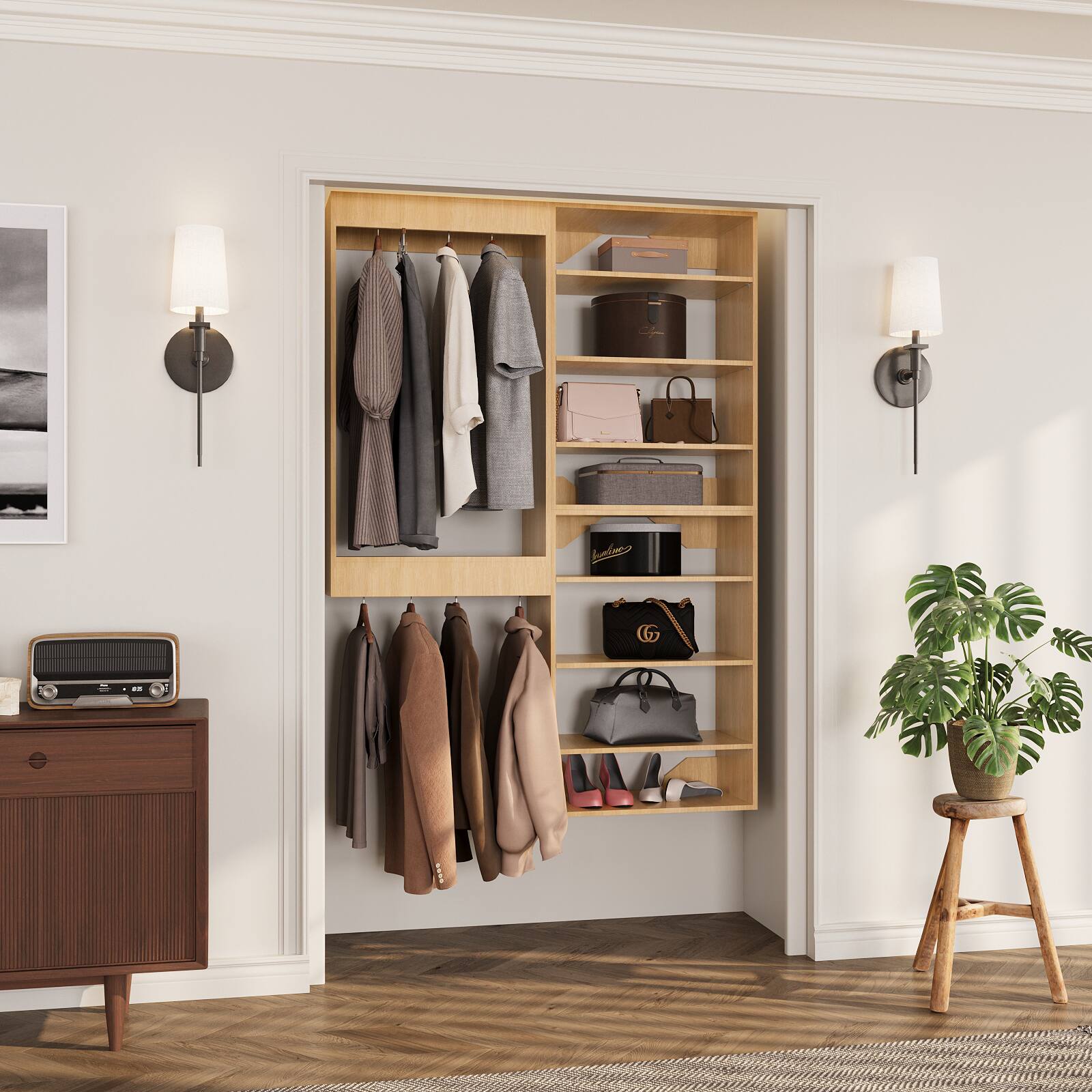 Angle. Roomtec - Roomtec 58 in Wood Modular Closet System Unit-Customizable Wall Mounted Walk-In Closets for Bedroom or Walk-in Closet - Wood.