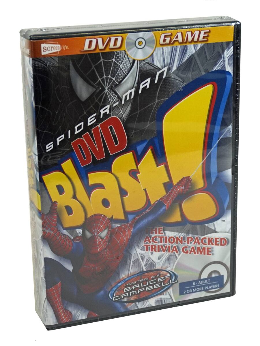DVD GAME  
Screen Life  
SPIDER-MAN DVD Blast!  
The Action-Packed Trivia Game  
Hosted by Bruce Campbell  
8 Adult  
2 or More Players