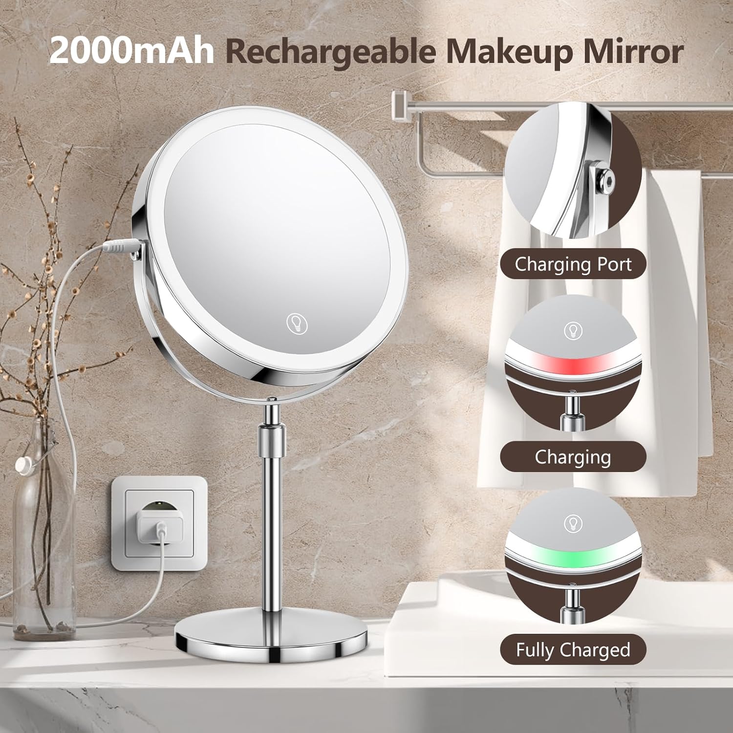 2000mAh Rechargeable Makeup Mirror

- Charging Port
- Charging
- Fully Charged