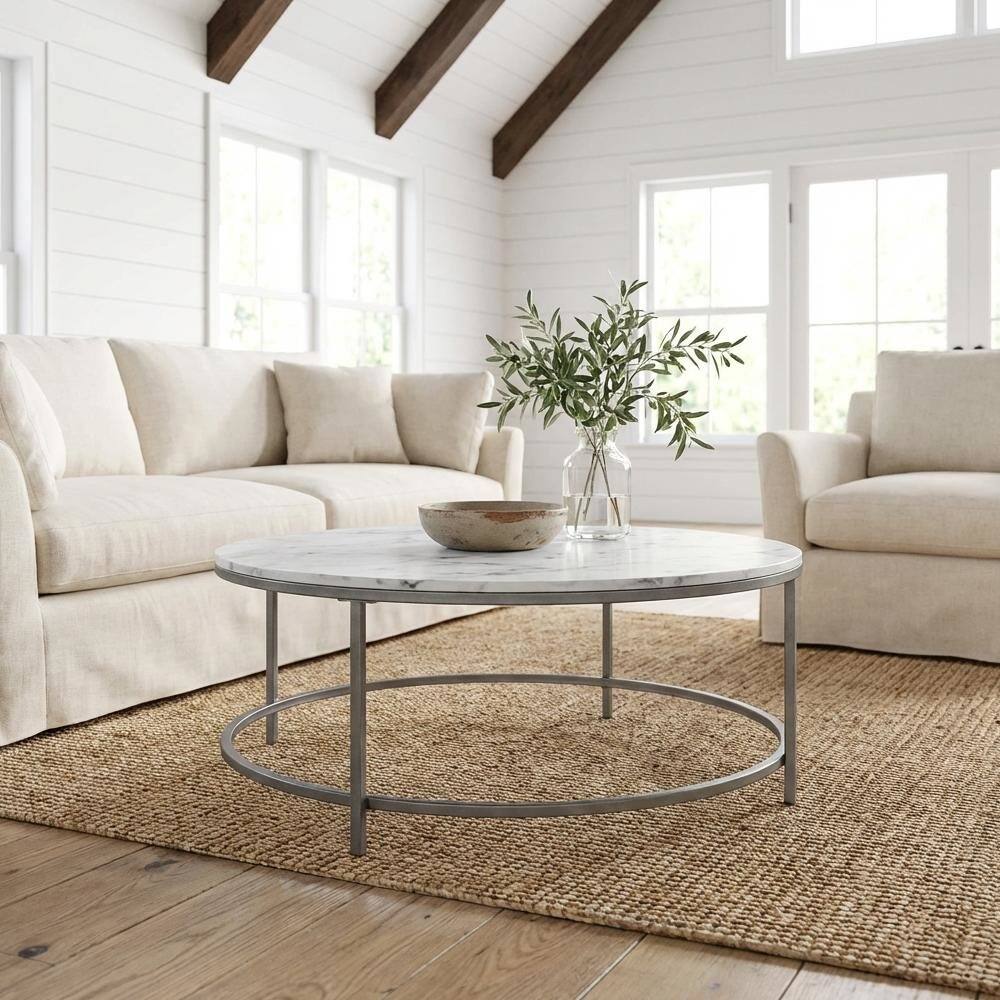 Left. FurniFact - White Faux Marble Coffee Table with Silver Frame Metal Tube Design - White Faux Marble.