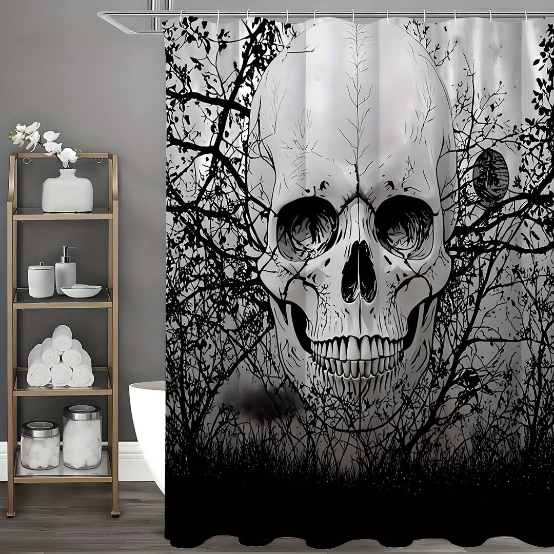 Front. blue - Skull Shower Curtain Spooky Shower Curtains Black Scary Tree Gothic Skeleton Bone Cool Horror Unique Sketch - black200.