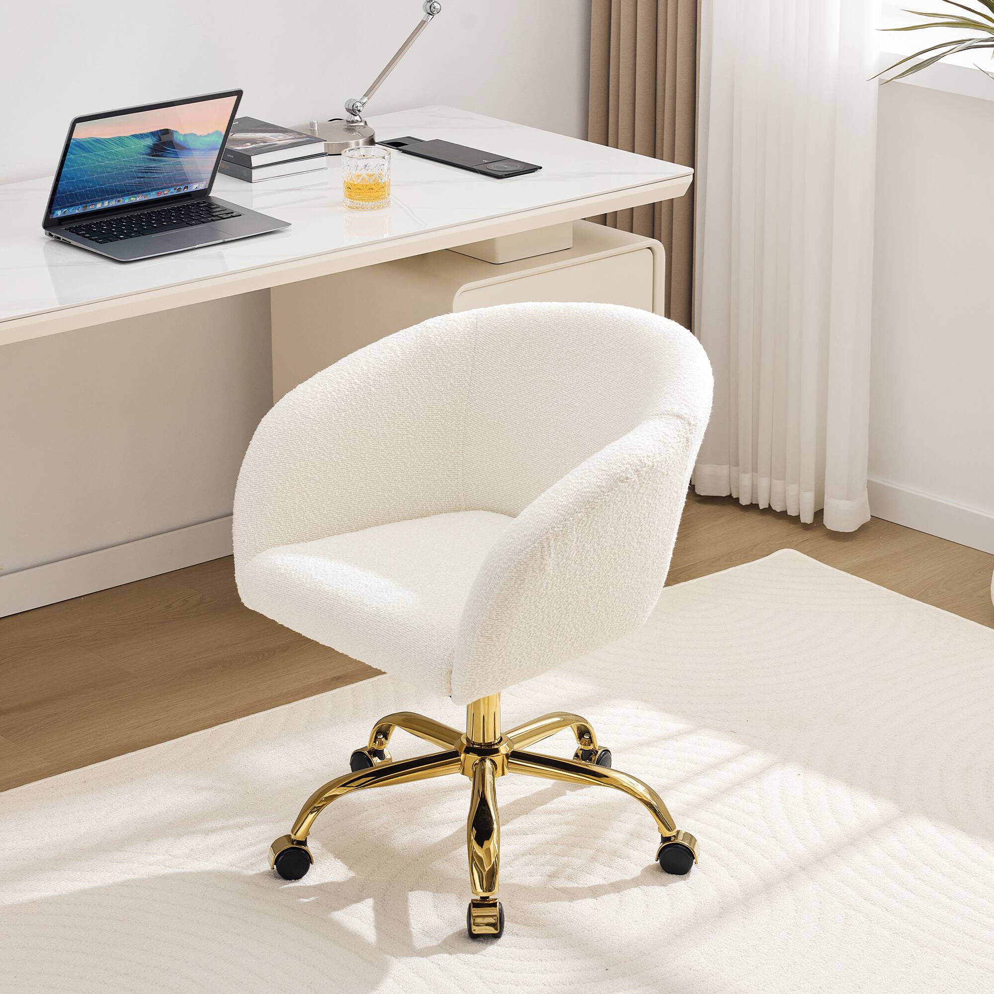 Alt View 10. KERDOM - Modern Vanity Chair with Back & Wheel, Swivel Rolling Home Office Armchair, Height Adjustable for Living Room, Bedroom - White.
