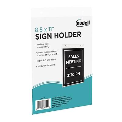 8.5" x 11" SIGN HOLDER  
- Vertical wall mounted sign  
- Allows quick and easy change of sign insert  
- Holds 8.5 x 11" signs  
- Hardware included  

SALES MEETING  
3:30 PM  

nudell  
20881  
©2007 Nudell Inc. Corp.  
Made in the USA