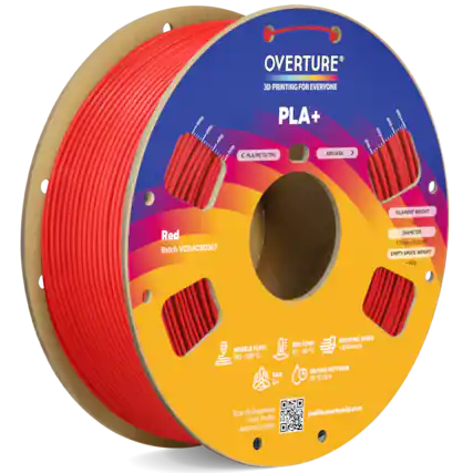 OVERTURE
3D PRINTING FOR EVERYONE
PLA+
Red
Batch VC04CB0367
FILAMENT WEIGHT: 1kg
DIAMETER: 1.75mm ±0.02mm
EMPTY SPOOL WEIGHT: 142g
NOZZLE TEMP.: 190-230°C
BED TEMP.: 35-60°C
PRINTING SPEED: 300 mm/s
FAN: On
DRYING SETTINGS: 55°C / 6h
Scan to Download Print Profile and Instruction
profile.overture3d.com