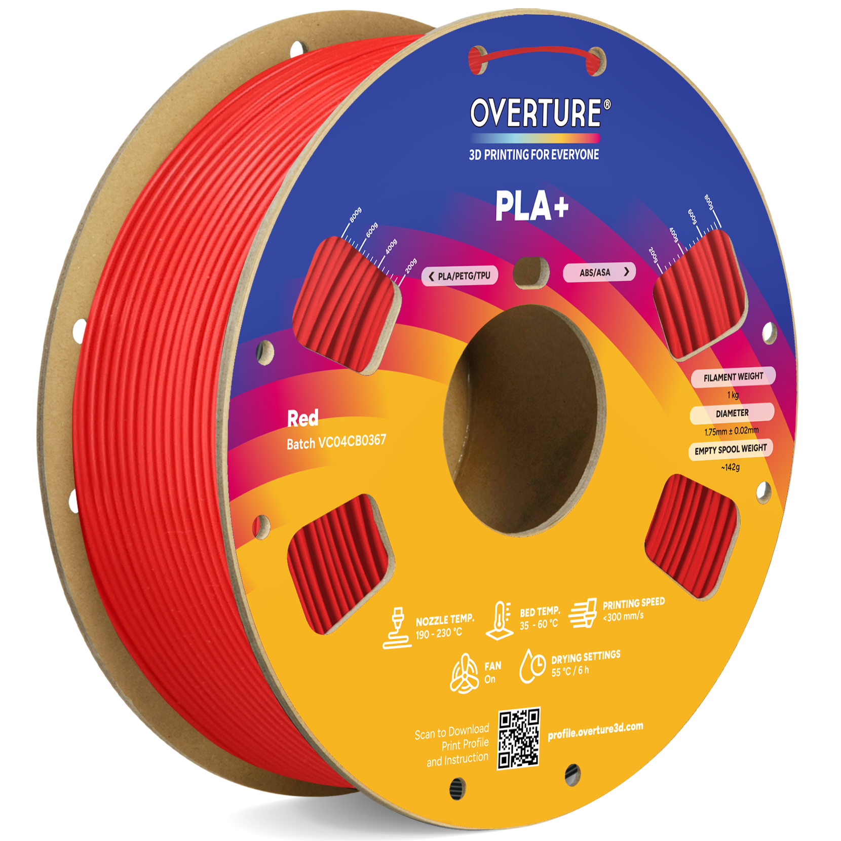 OVERTURE  
3D PRINTING FOR EVERYONE  

PLA+  

Red  
Batch VC04CB0367  

FILAMENT WEIGHT: 1kg  
DIAMETER: 1.75mm ±0.02mm  
EMPTY SPOOL WEIGHT: 142g  

NOZZLE TEMP.: 190-230°C  
BED TEMP.: 35-60°C  
PRINTING SPEED: 300 mm/s  
FAN: On  
DRYING SETTINGS: 55°C / 6h  

Scan to Download Print Profile and Instruction  
profile.overture3d.com