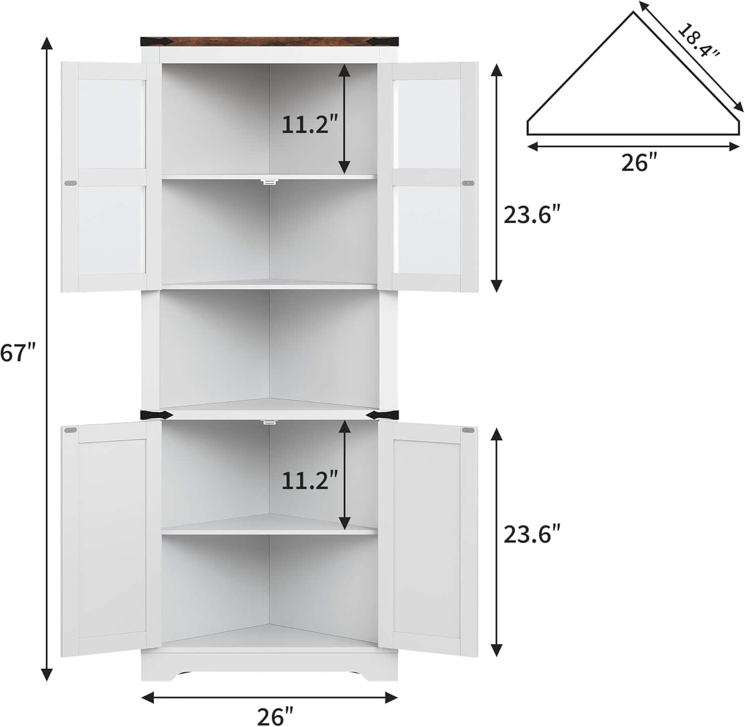 Homhougo - Tall Corner Cabinet, Glass Door, Adjustable Shelves, Farmhouse Hutch - White