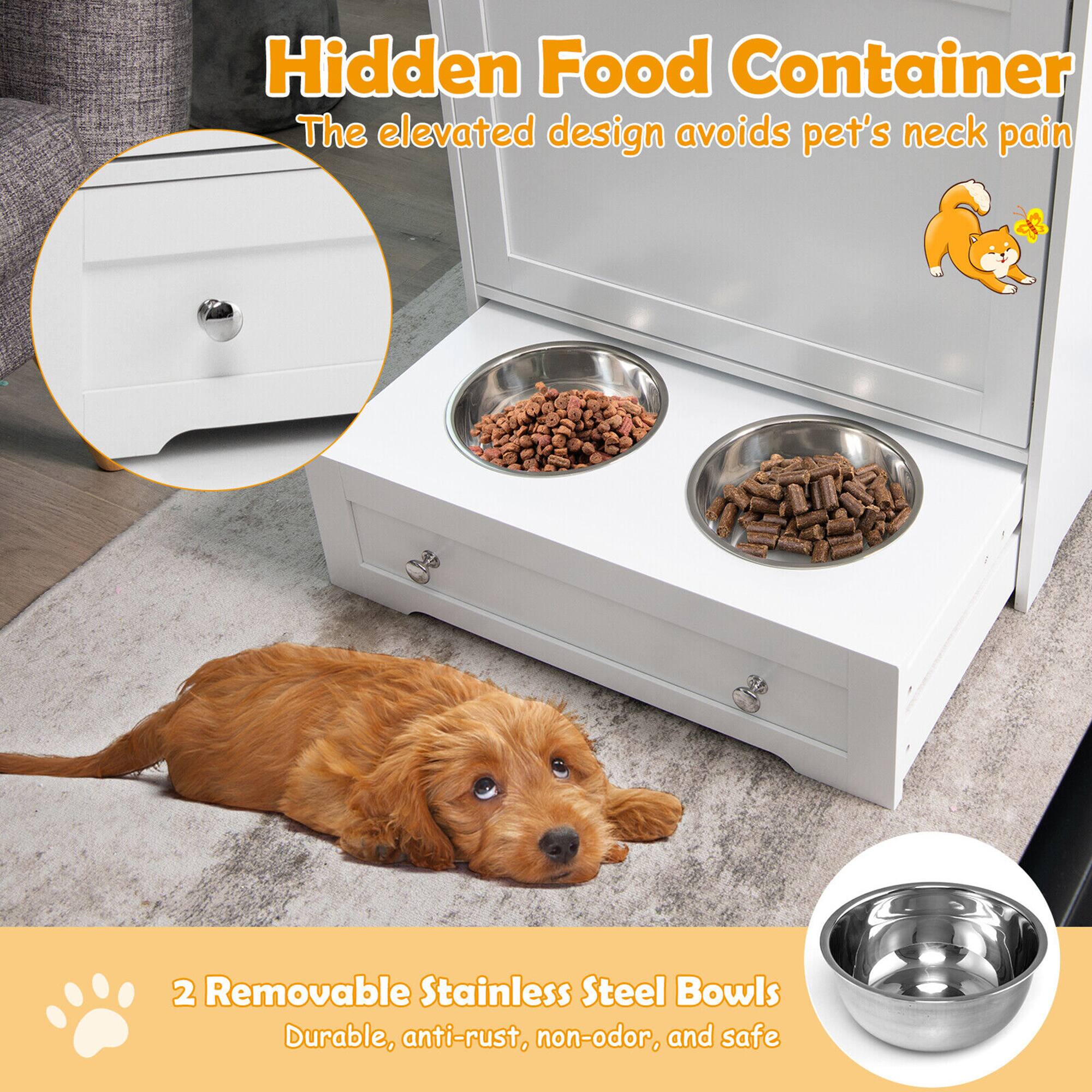 Hidden Food Container  
The elevated design avoids pet's neck pain  

2 Removable Stainless Steel Bowls  
Durable, anti-rust, non-odor, and safe