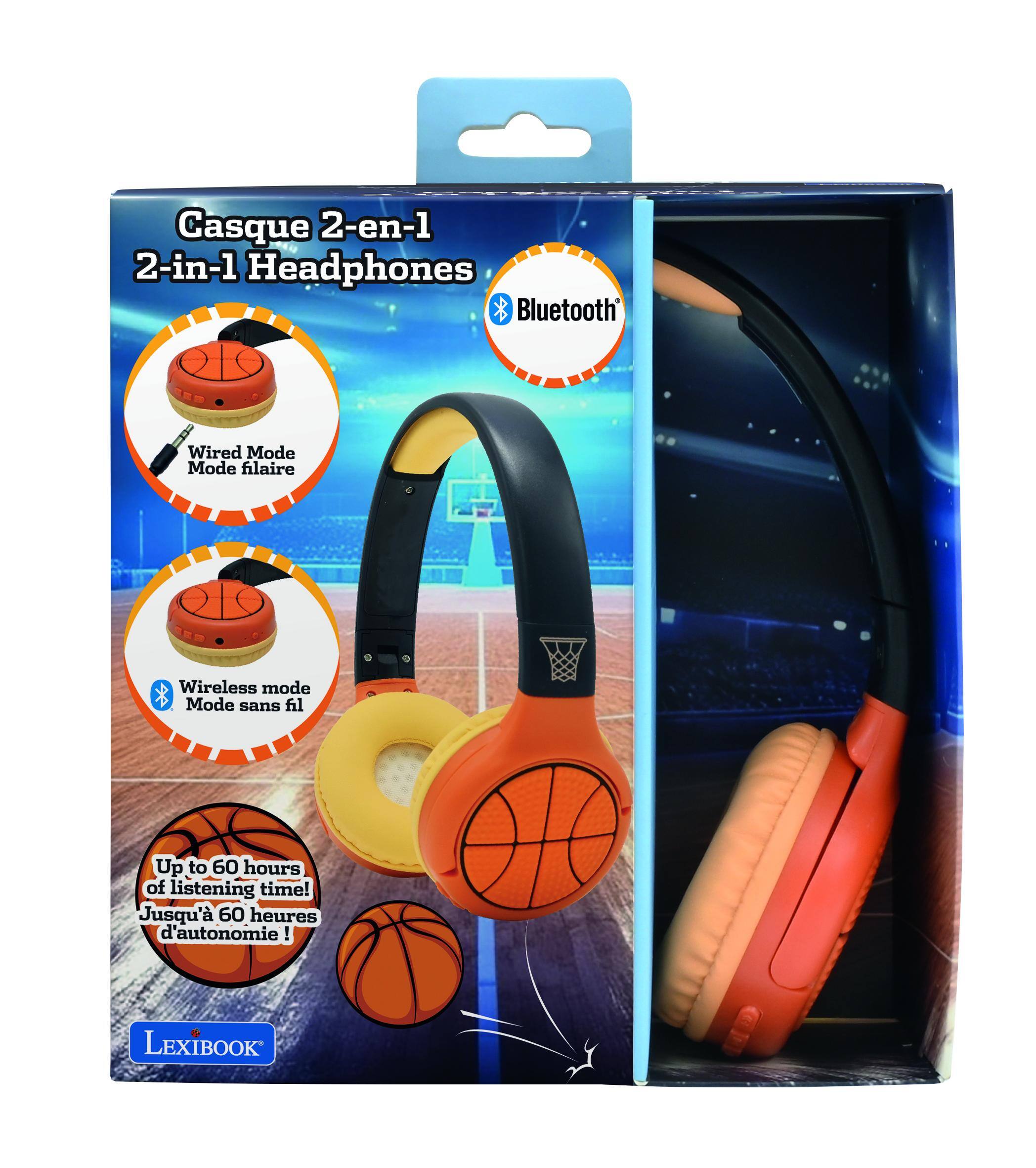 Casque 2-en-1  
2-in-1 Headphones Bluetooth  
Wired Mode  
Mode filaire  
Wireless mode  
Mode sans fil  
Up to 60 hours of listening time!  
Jusqu'à 60 heures d'autonomie!  
LEXIBOOK