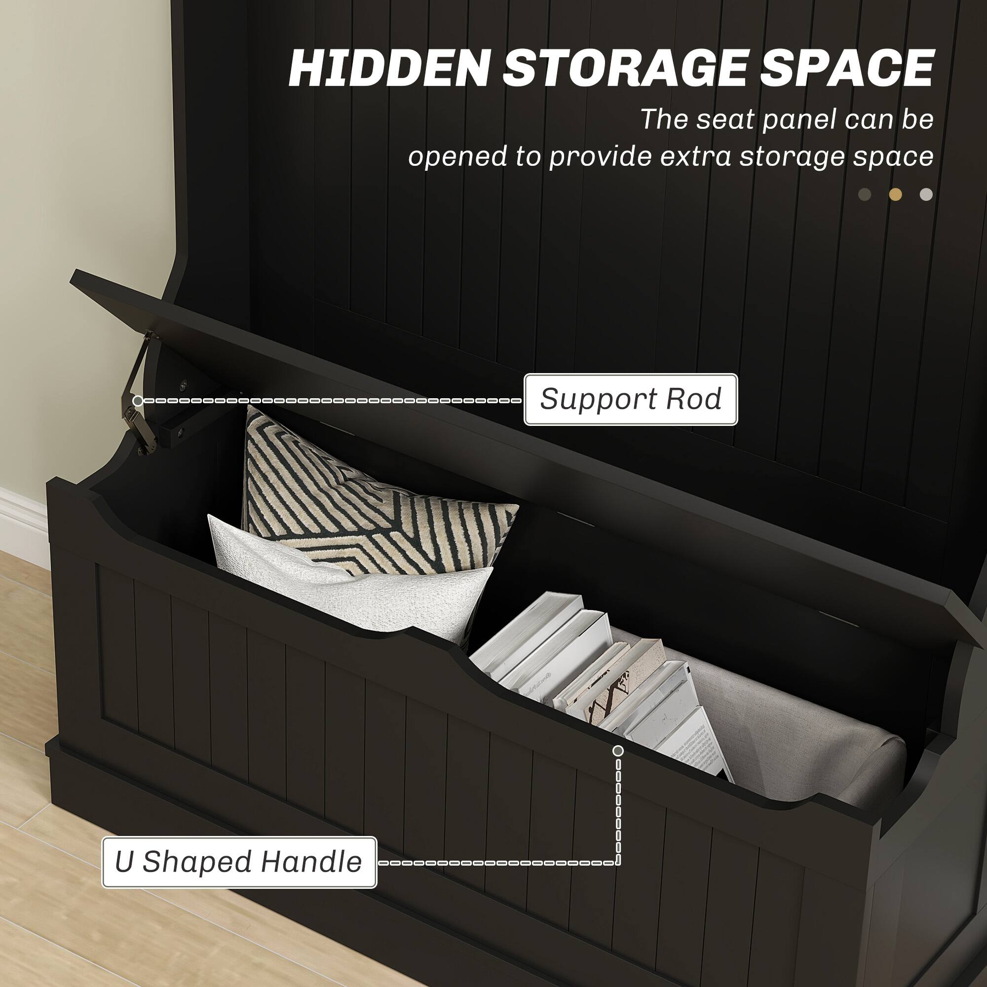 HIDDEN STORAGE SPACE The seat panel can be opened to provide extra storage space ... Support Rod U Shaped Handle .