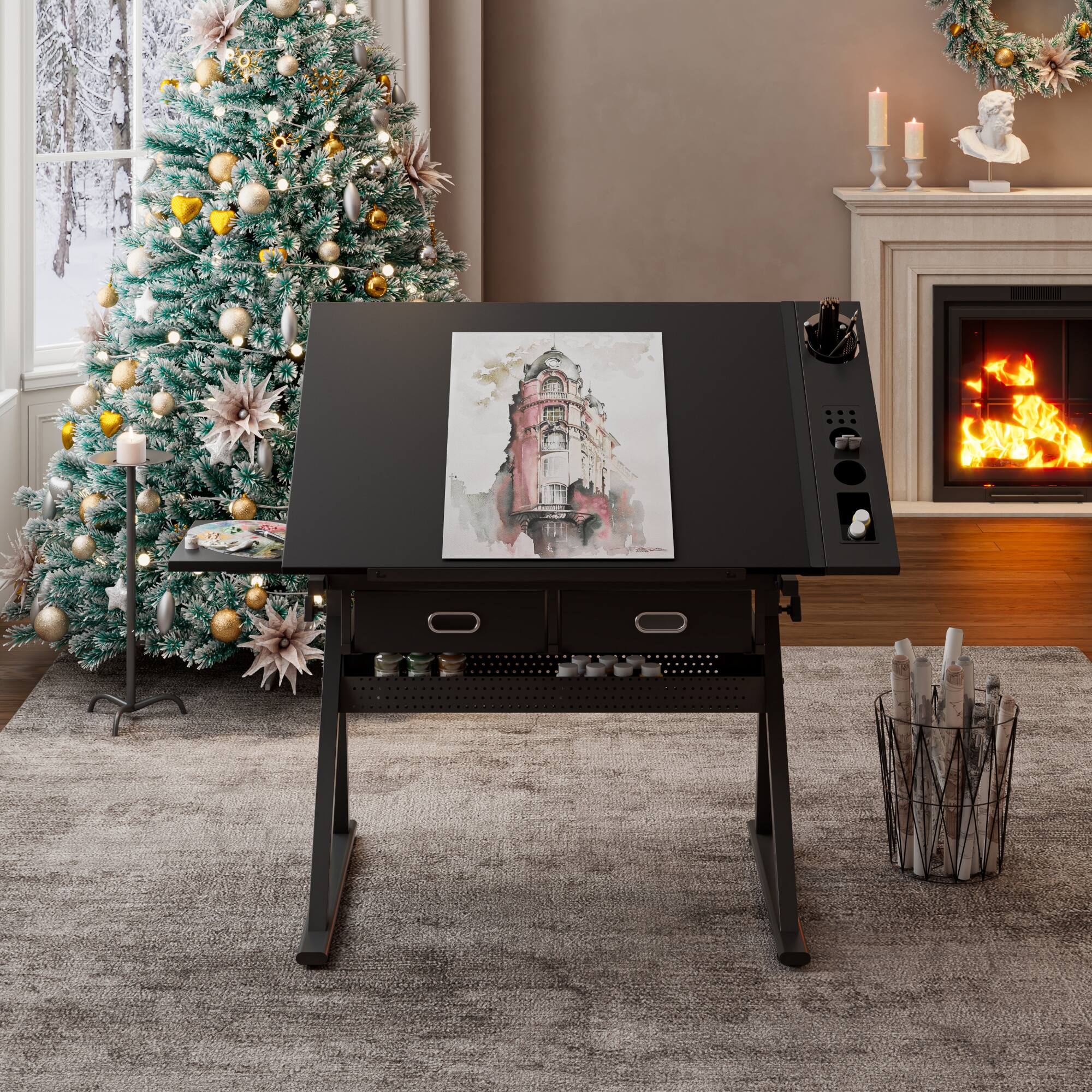 Left. GOODSILO - Adjustable Height Tiltable Drafting Table Desk with Storage Drawers and Included Stool for Artists and Students - Black.