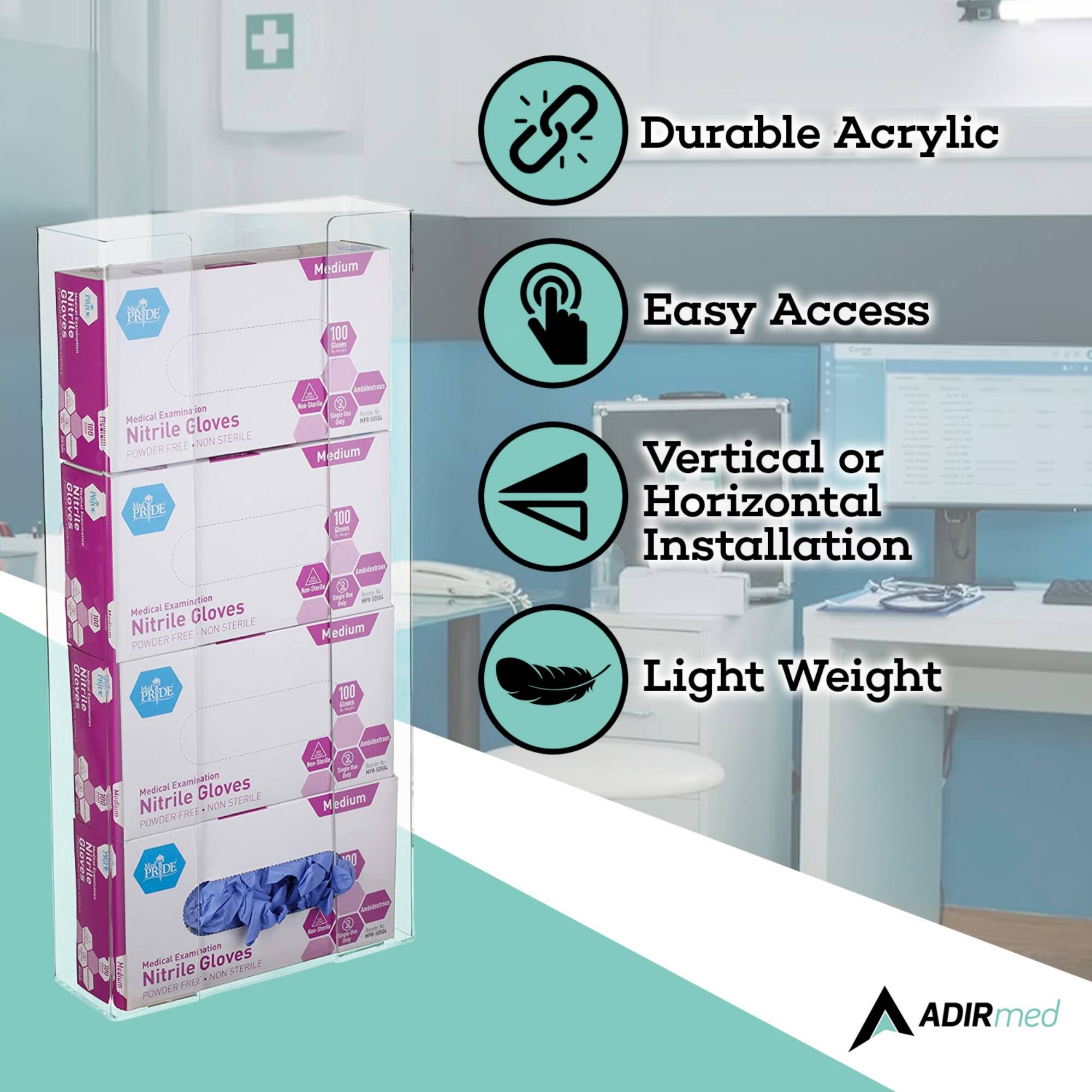 Durable Acrylic, Easy Access, Vertical or Horizontal Installation, Light Weight, Medical Examination Gloves Nitrile, Powder Free, Non Sterile, Medium 100, ADIRmed