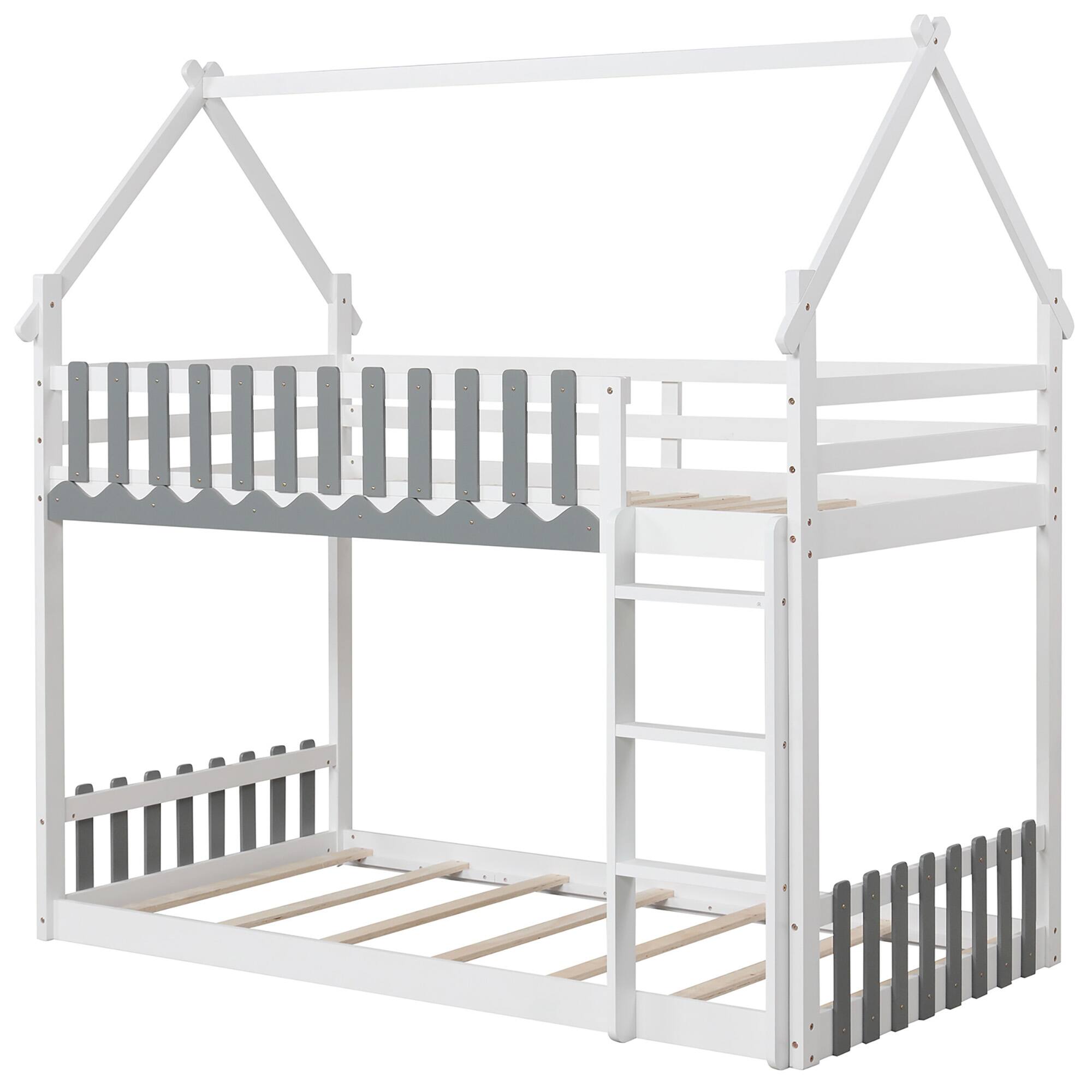 Alt View 9. Gymax - Gymax Twin Over Twin Bunk Bed w/ Fence & Ladder Solid Wood Floor Bunk Bed for Kids White - White, Gray.