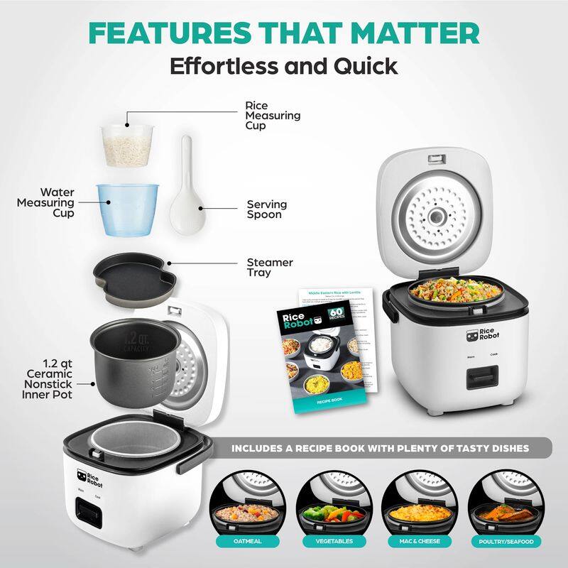 **FEATURES THAT MATTER**  
Effortless and Quick  

- Rice Measuring Cup  
- Water Measuring Cup  
- Serving Spoon  
- Steamer Tray  
- 1.2 qt Ceramic Nonstick Inner Pot  

**INCLUDES A RECIPE BOOK WITH PLENTY OF TASTY DISHES**  
- OATMEAL  
- VEGETABLES  
- MAC & CHEESE  
- POULTRY/SEAFOOD