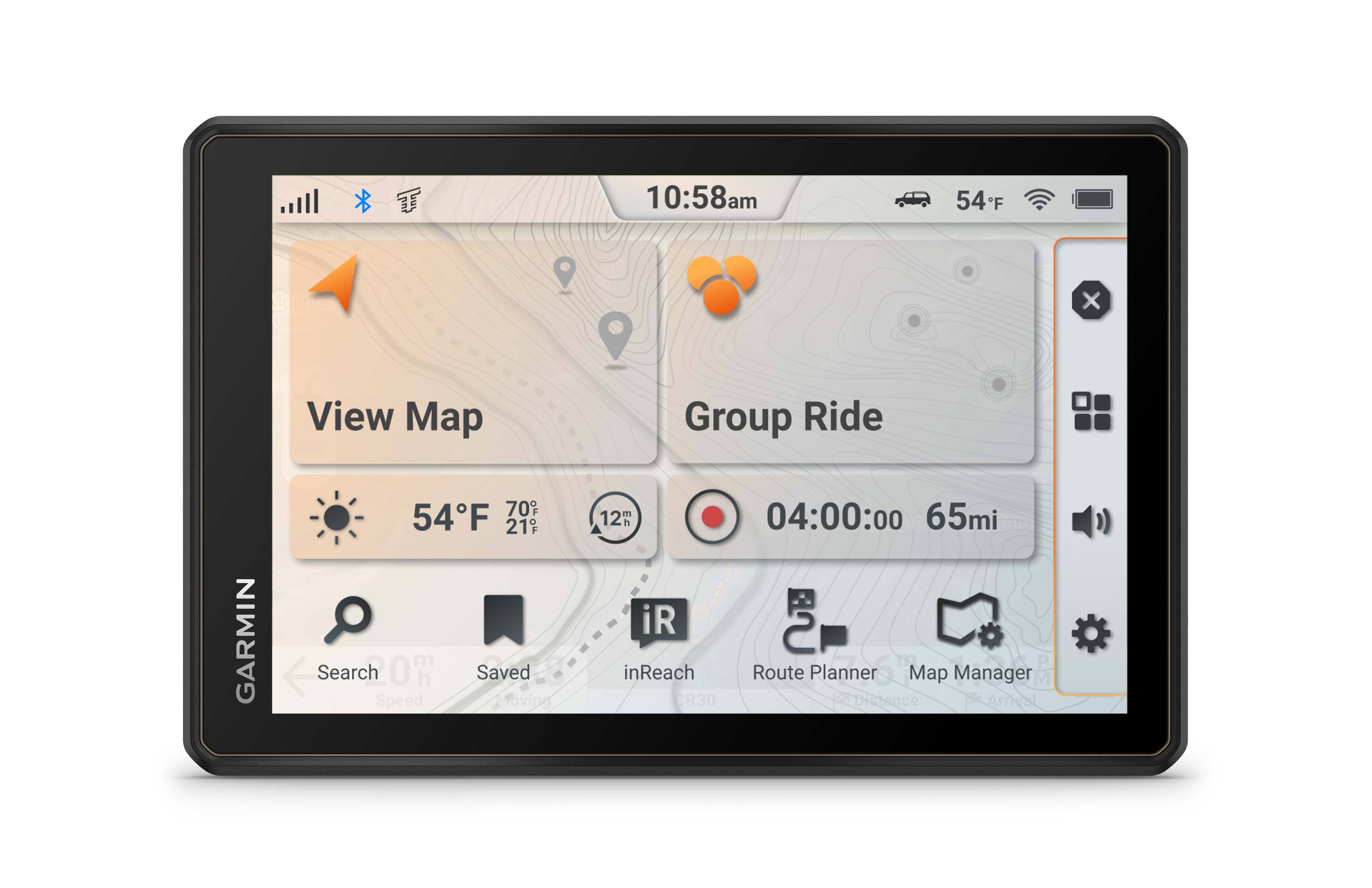 The text on the image reads:

10:58am 54F F x View Map Group Ride GARMIN 70 1 54F 21 04 Search 0 Saved Speed Moving m 04:00:00 65mi 12m iR 2 P inReach Route Planner Map Manager CR30 Distance Arrival.

The text has been grouped and corrected as follows:

10:58am 54F F x View Map Group Ride GARMIN 70 1 54F 21 04 Search 0 Saved Speed Moving m 04:00:00 65mi 12m iR 2 P inReach Route Planner Map Manager CR30 Distance Arrival.