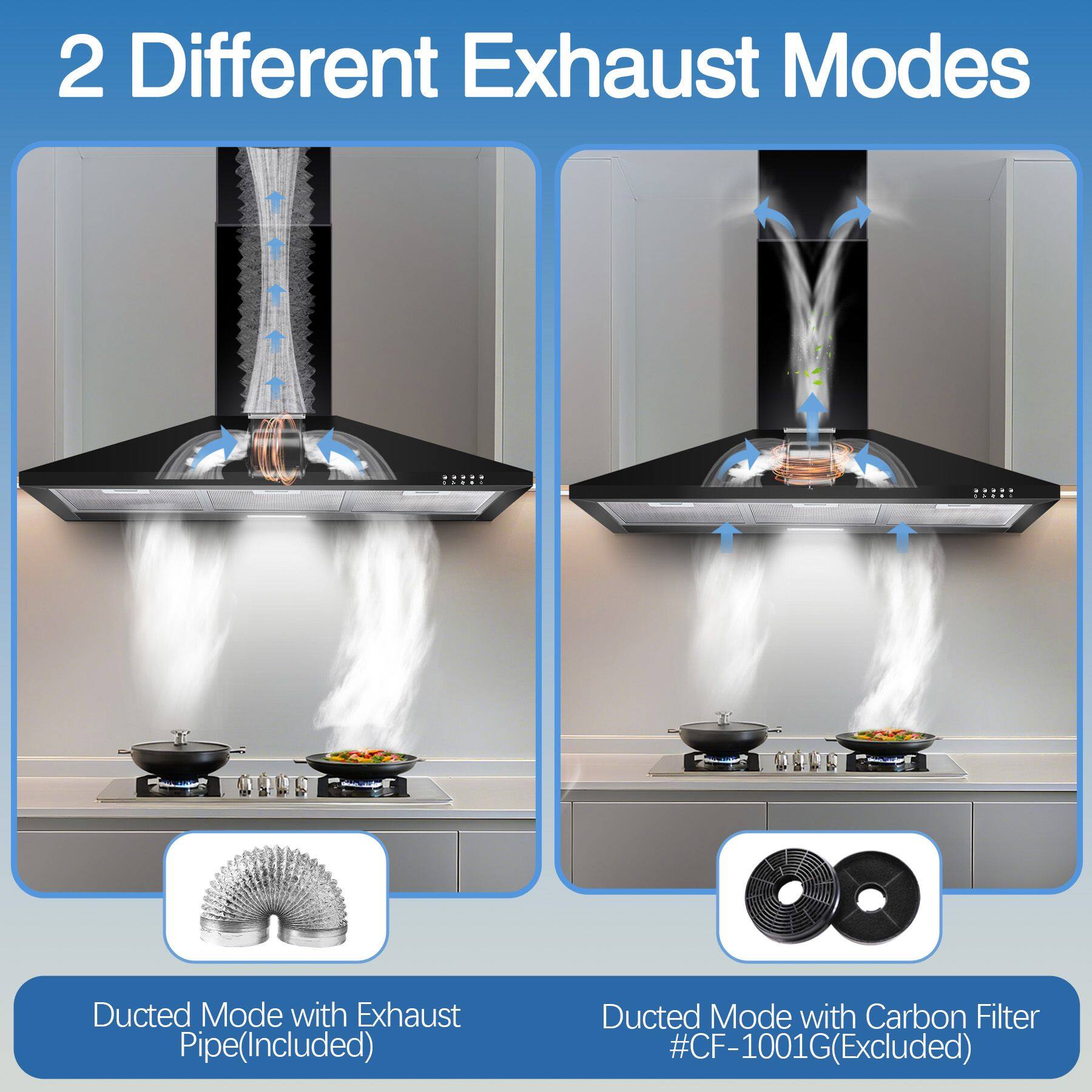 2 Different Exhaust Modes

- Ducted Mode with Exhaust Pipe (Included)
- Ducted Mode with Carbon Filter #CF-1001G (Excluded)