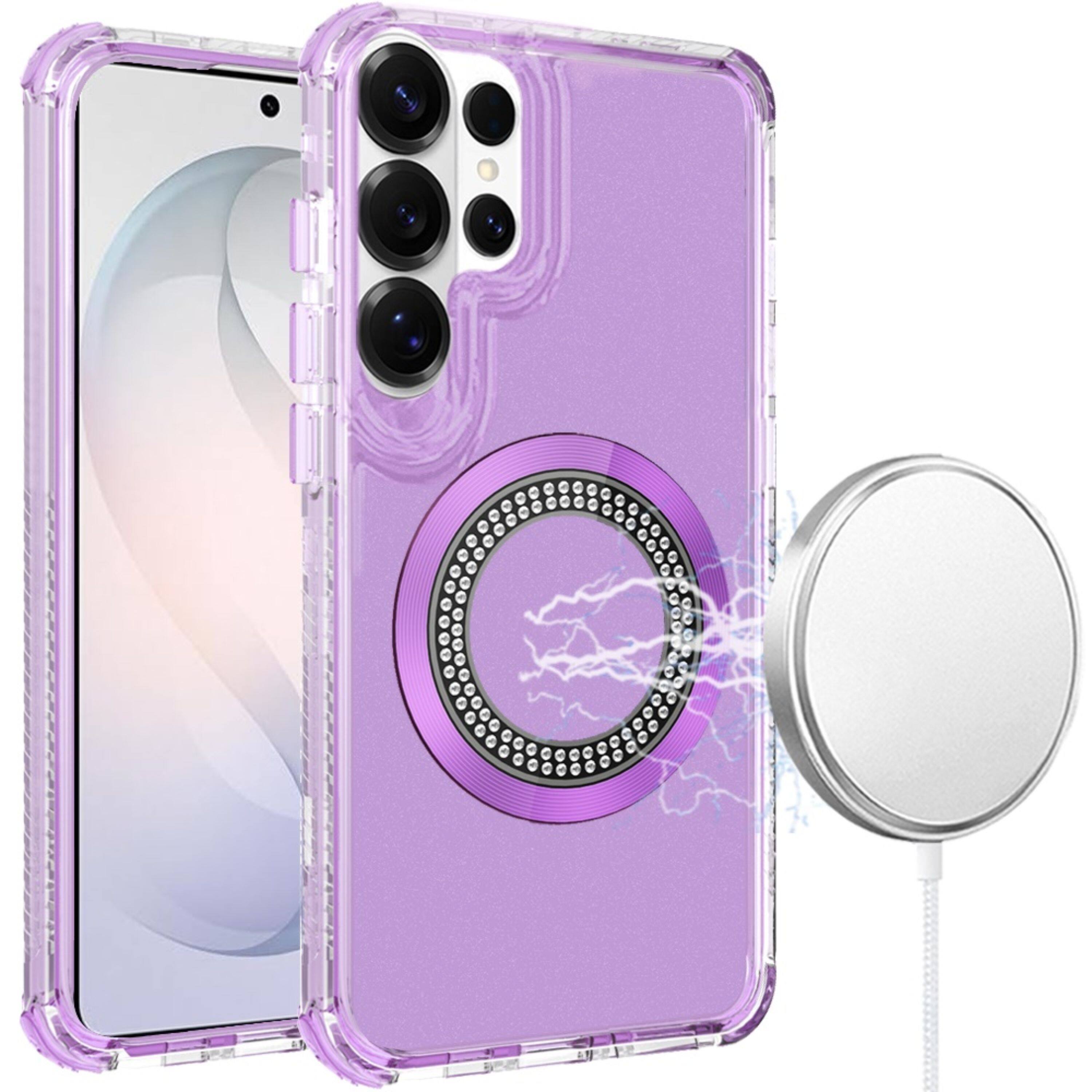 Angle. Kitcheniva - Bling Hybrid Magnetic Charging Case With Tempered Glass For Samsung S26 Ultra Purple - Purple.